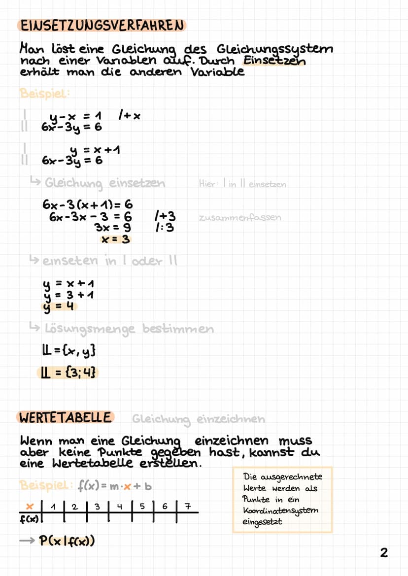 lernzettel
GLEICHSETZUNGSVERFAHREN
Man Löst zwei Gleichungen nach nur einer
Variablen auf (meistens x oder y)
Beispiel:
1
y = 4x-2
y-3x = 5

