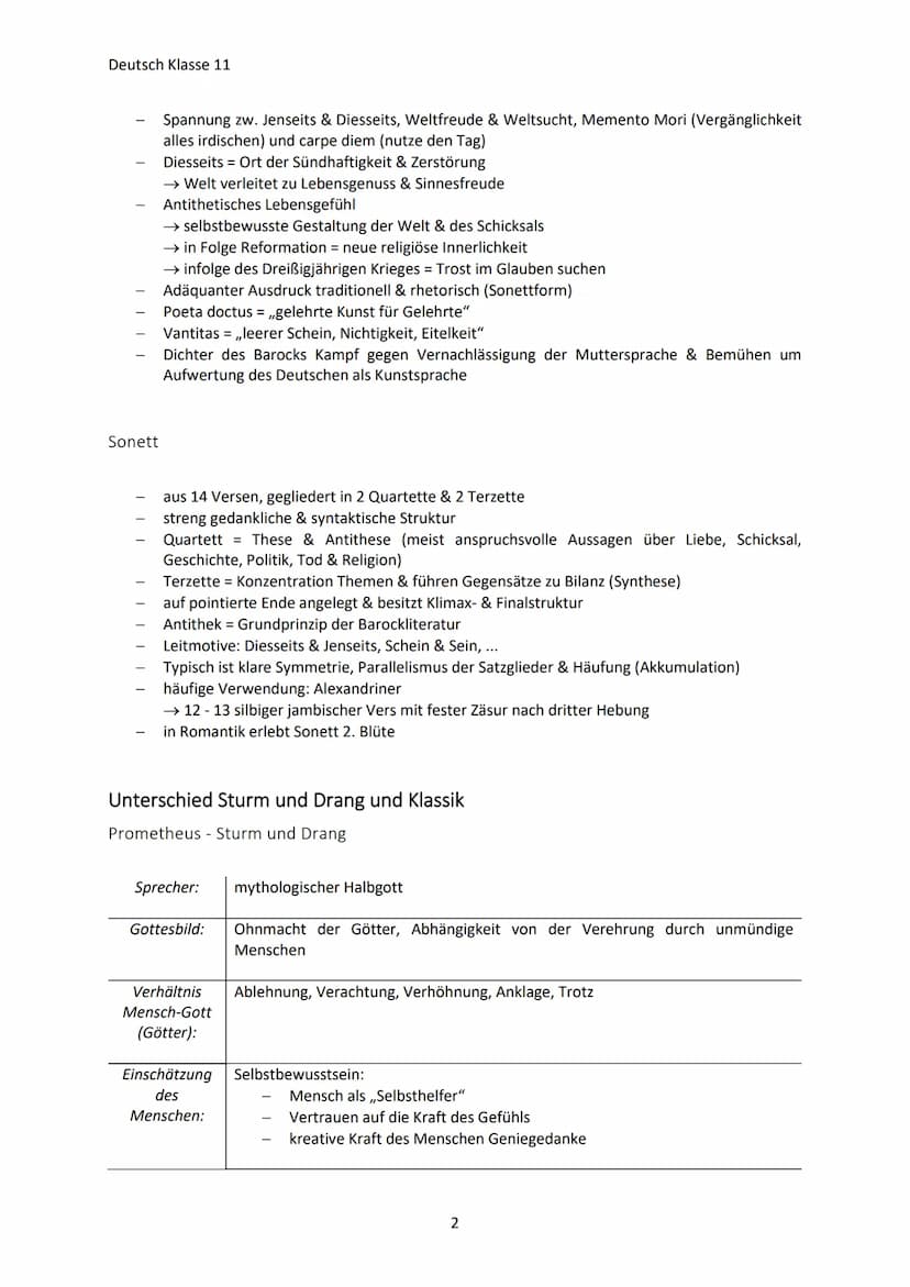 Deutsch Klasse 11
RÜCKBLICK KLASSE 10
Barock/Barockmusik
Begriff für die Epoche von etwa 1600 1750 (etwa Gleichlaufend mit der europäischen
