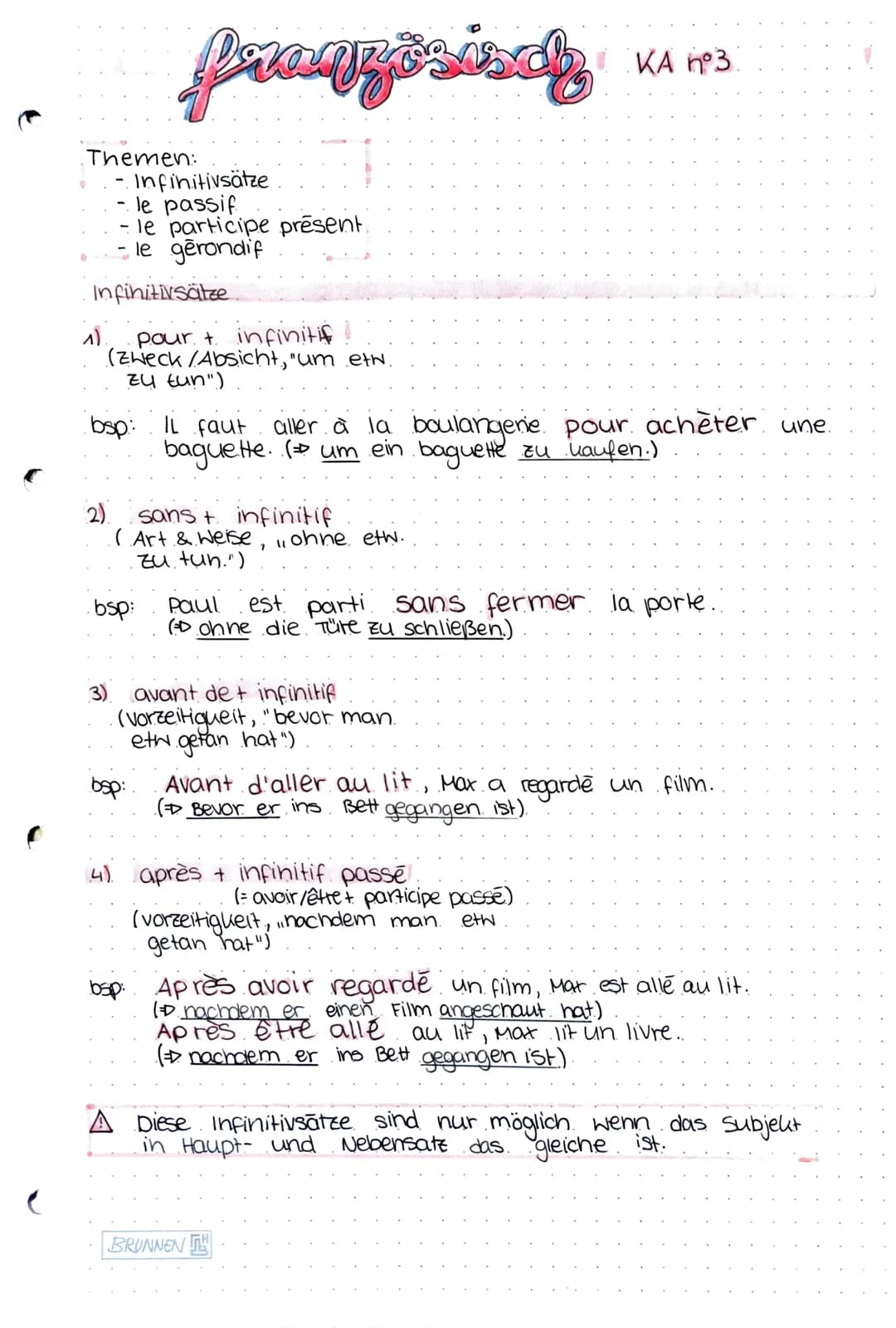 französisch
Themen:
- Infinitivsätze
le passif
- le participe présent.
- le gêrandif
Infinitivsätze
1).
pour + infinitif
(Zweck /Absicht, "u