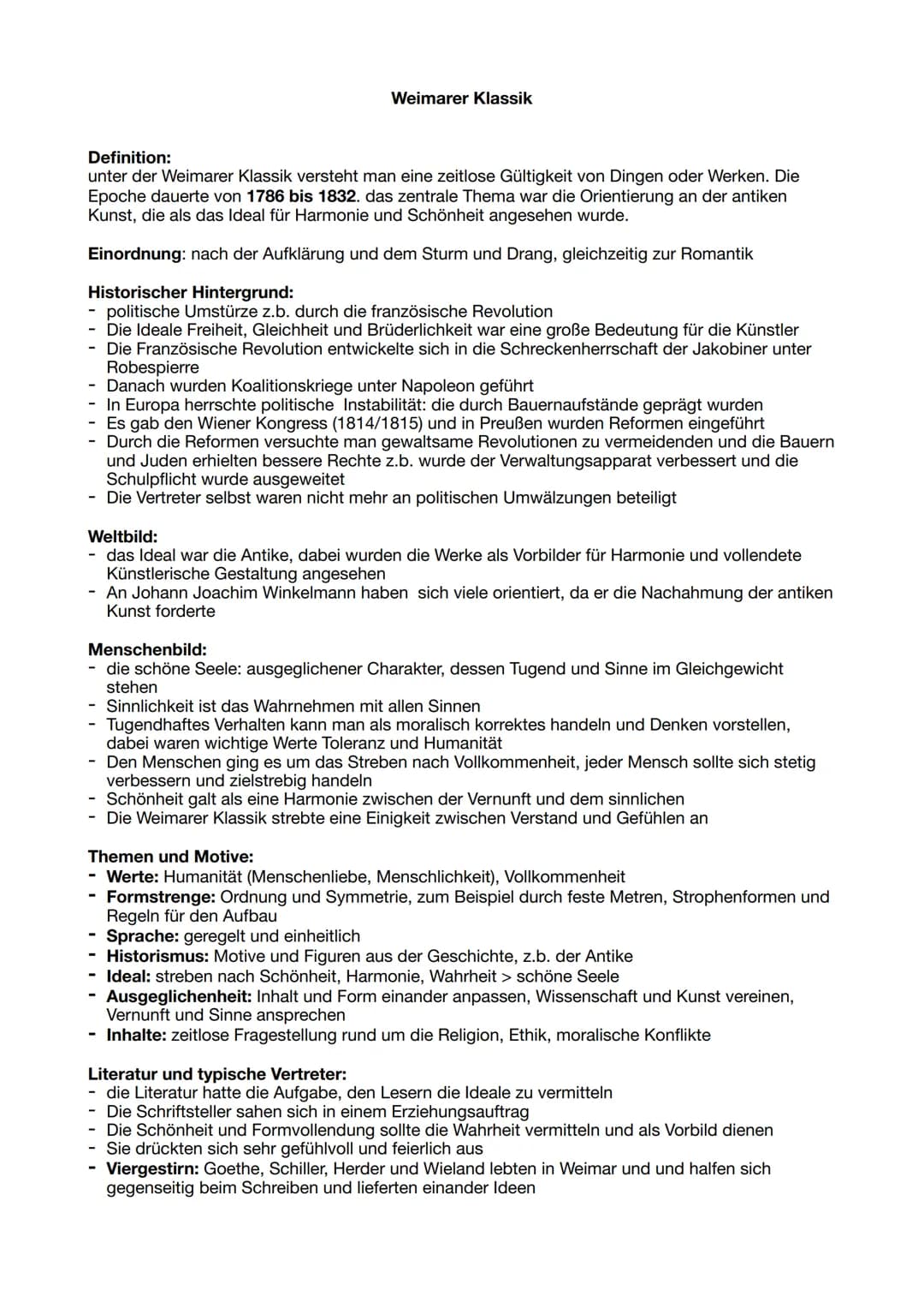 Definition:
unter der Weimarer Klassik versteht man eine zeitlose Gültigkeit von Dingen oder Werken. Die
Epoche dauerte von 1786 bis 1832. d