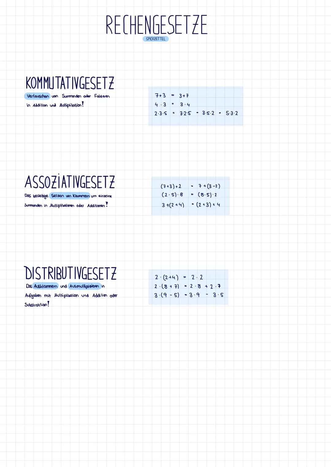 RECHENGESETZE
SPICKZETTEL
KOMMUTATIVGESETZ
Vertauschen von Summanden oder Faktoren
in Addition und Multiplikation!
ASSOZIATINGESETZ
Das beli