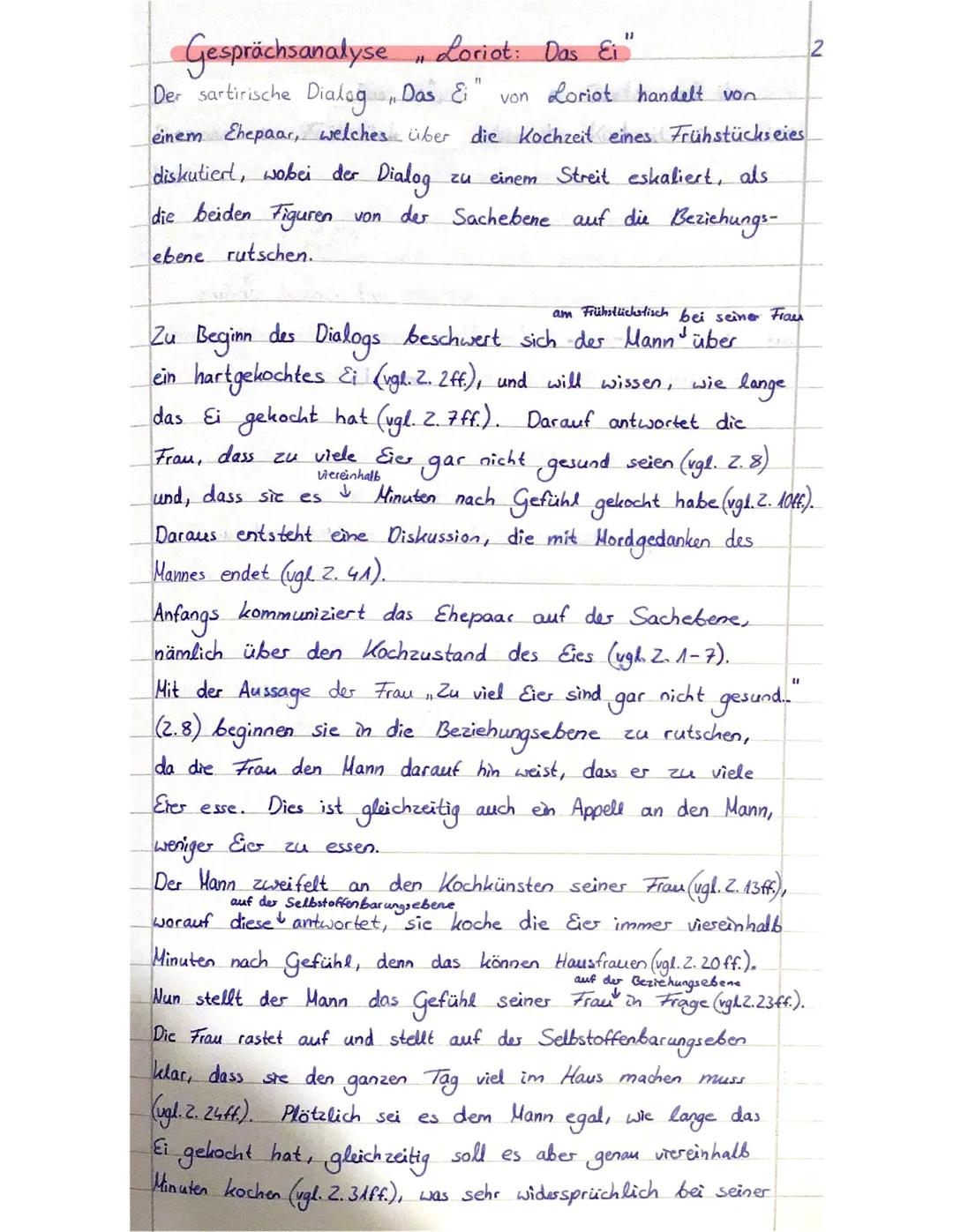Gesprächsanalyse, Loriot: Das Ei"
Der sartirische Dialog Das Ei" von Loriot handelt von
einem Ehepaar, welches über die Kochzeit eines Frühs