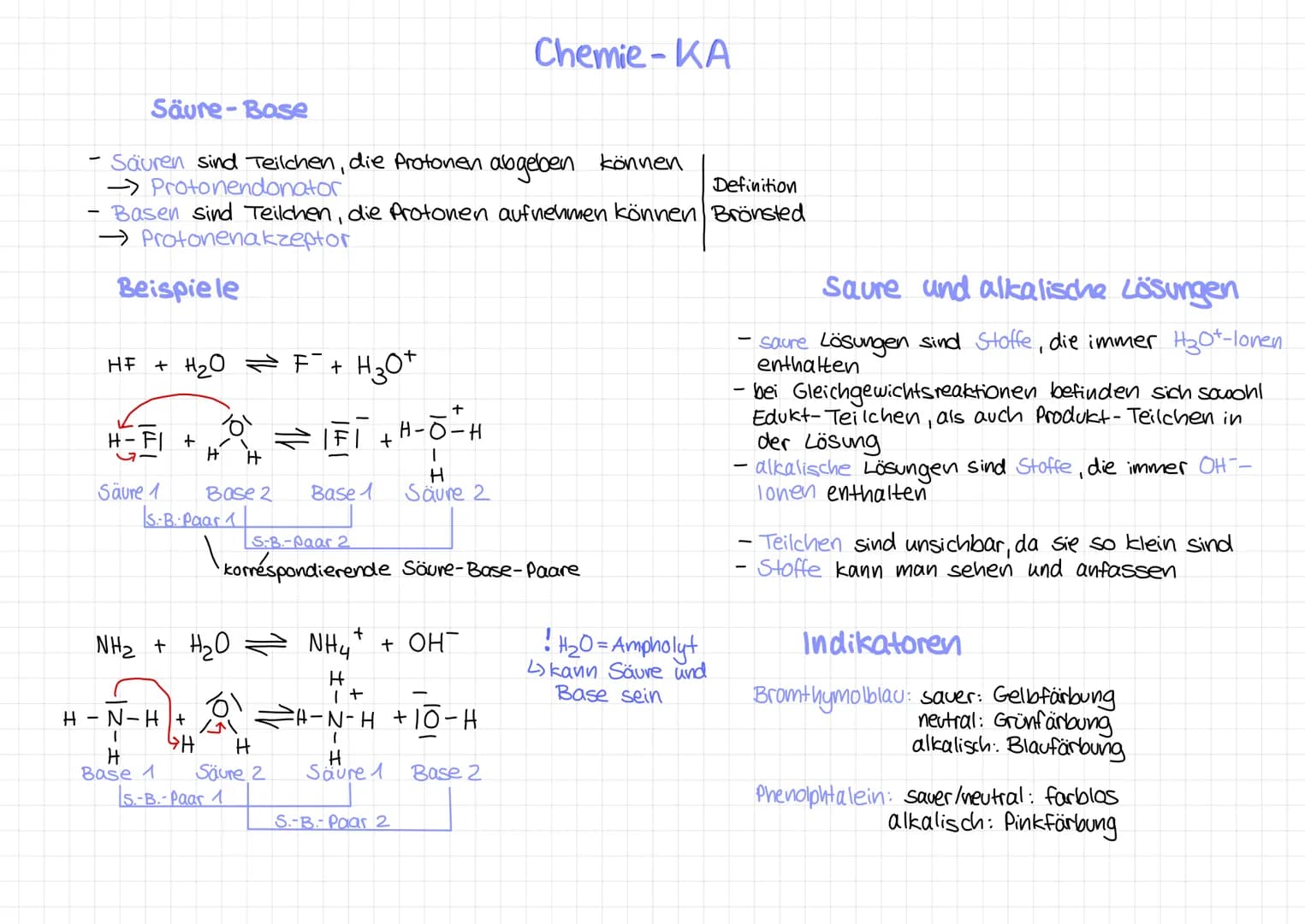 -
Säure-Base
Säuren sind Teilchen, die Protonen abgeben können
→Protonendonator
Definition
Basen sind Teilchen, die Protonen aufnehmen könne