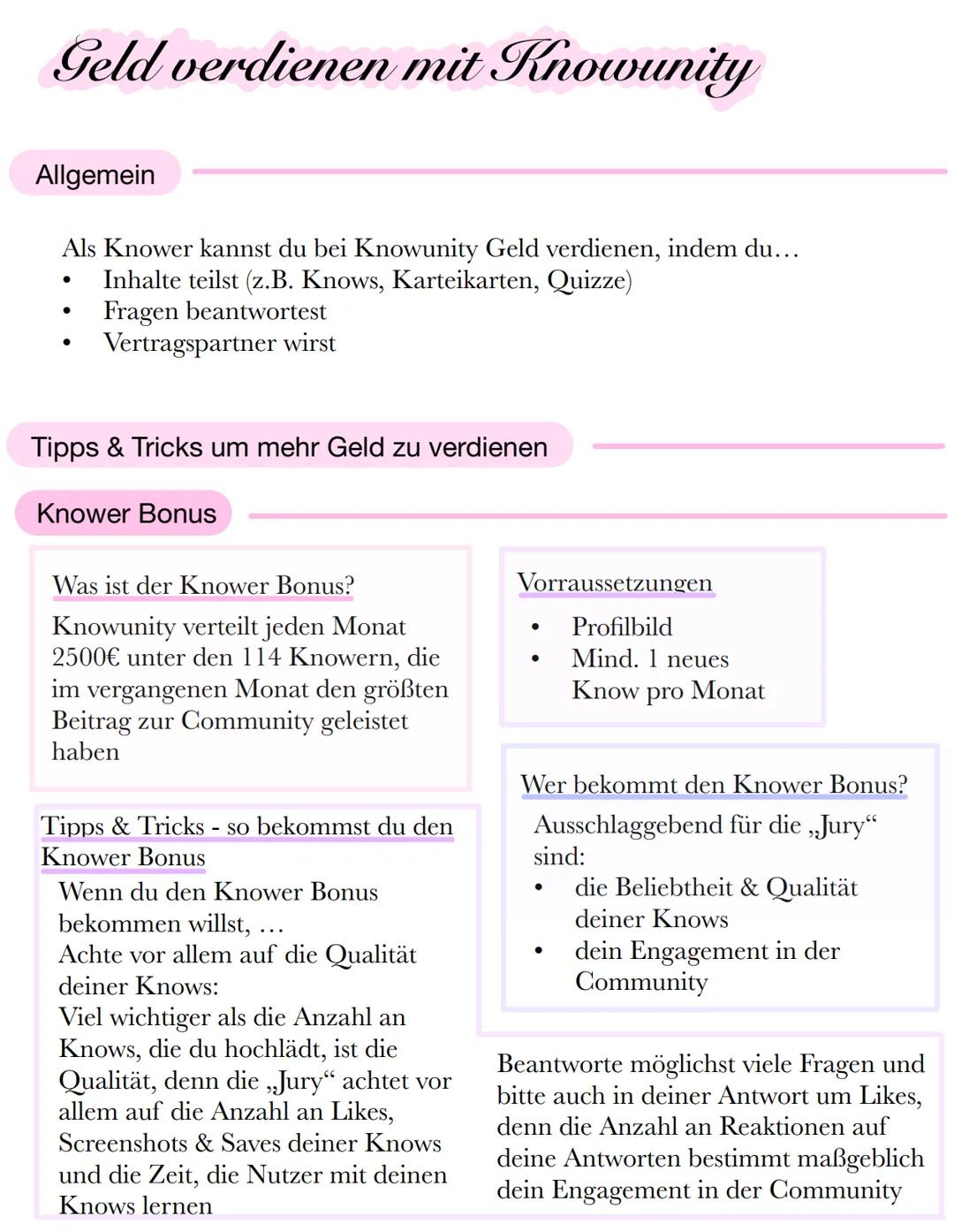 Geld verdienen mit Knowunity
Allgemein
Als Knower kannst du bei Knowunity Geld verdienen, indem du...
Inhalte teilst (z.B. Knows, Karteikart