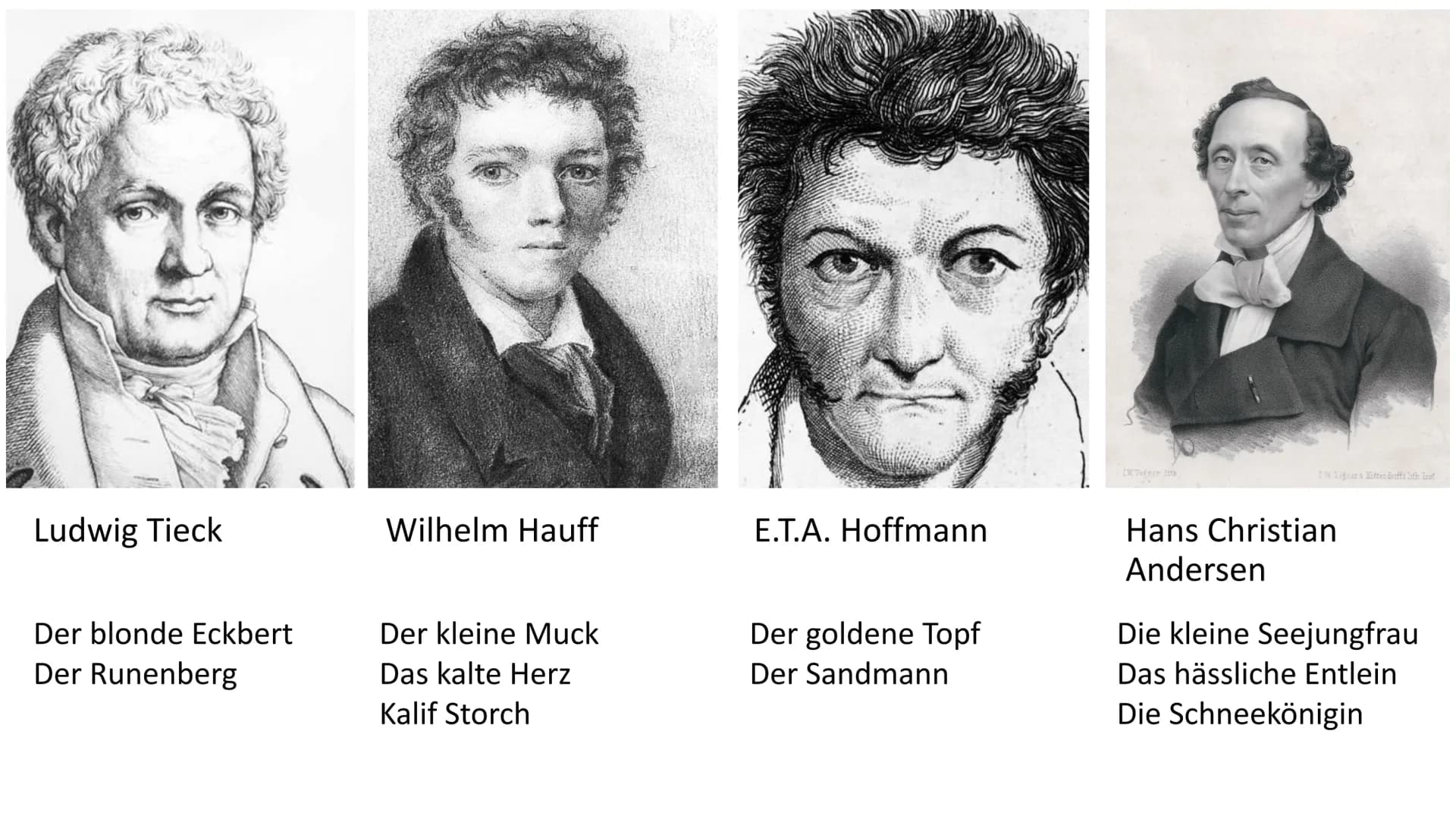 Kunstmärchen
in der Romantik Merkmale Kunstmärchen
• besitzen einen eindeutig zuordbaren
Autor
• sind oftmals komplexer als
Volksmärchen
●
v