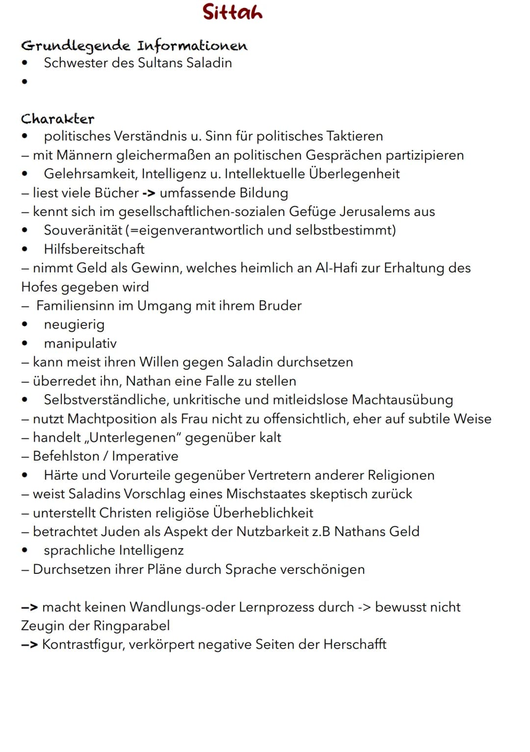 Nathan
Grundlegende Informationen
wichtigste Figur / Hauptfigur
trägt Beinamen ,,der Weise"
Charakter
weise
- Weisheit ist durch gewisses Ma