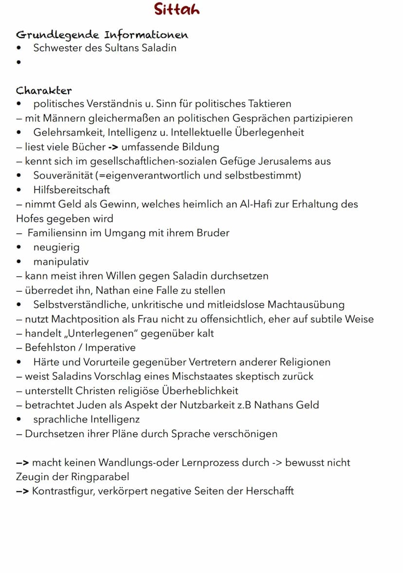 Nathan
Grundlegende Informationen
wichtigste Figur / Hauptfigur
trägt Beinamen ,,der Weise"
Charakter
weise
- Weisheit ist durch gewisses Ma