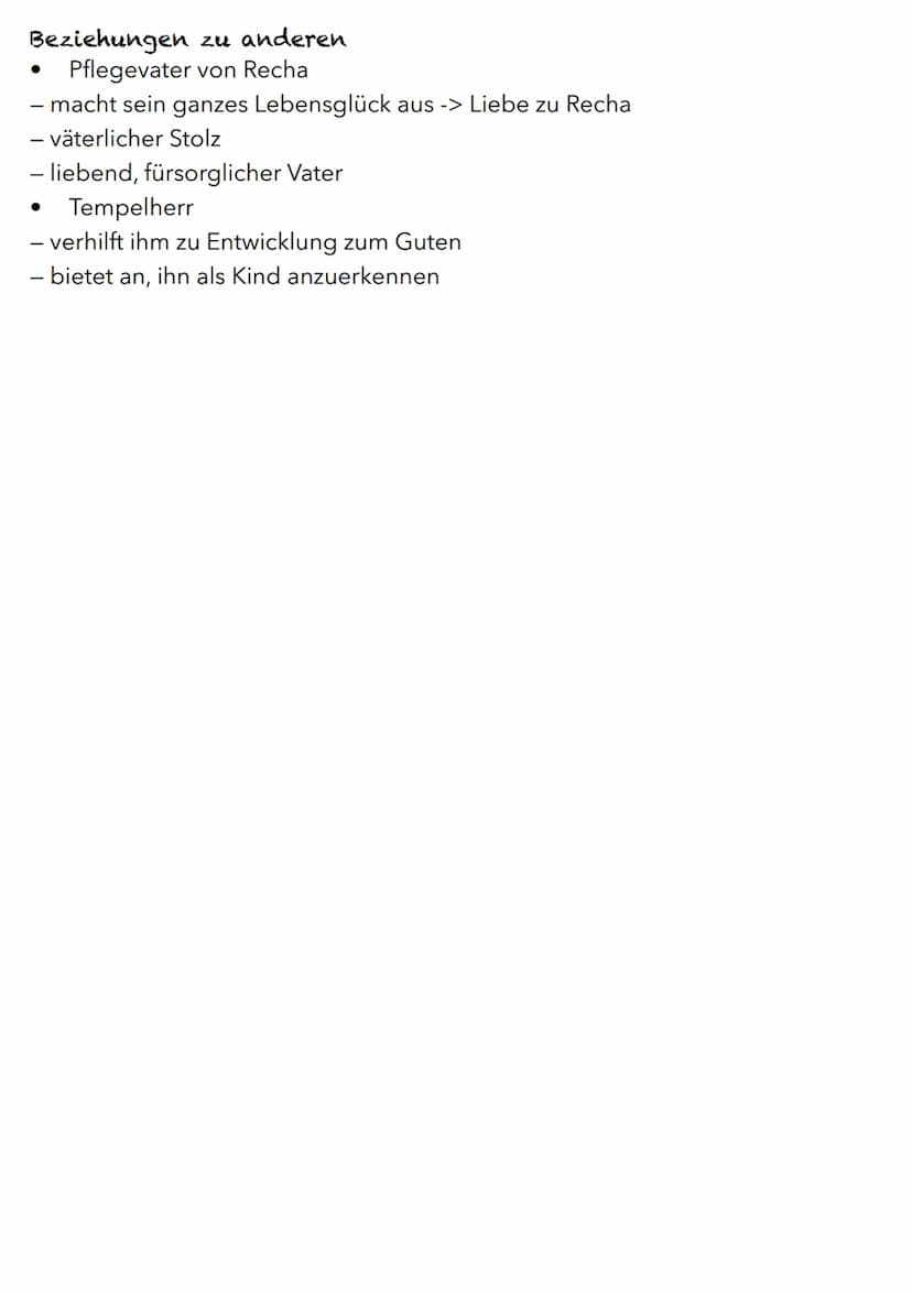Nathan
Grundlegende Informationen
wichtigste Figur / Hauptfigur
trägt Beinamen ,,der Weise"
Charakter
weise
- Weisheit ist durch gewisses Ma