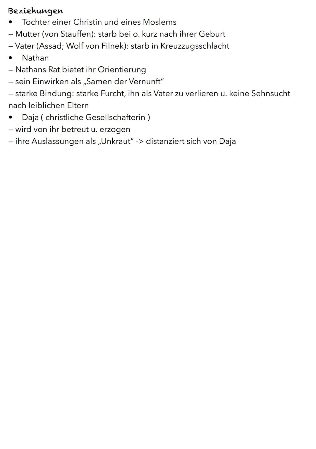 Nathan
Grundlegende Informationen
wichtigste Figur / Hauptfigur
trägt Beinamen ,,der Weise"
Charakter
weise
- Weisheit ist durch gewisses Ma