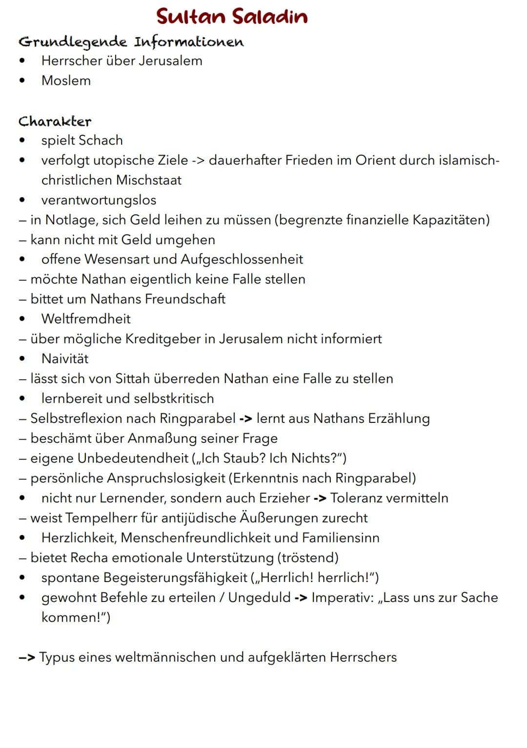 Nathan
Grundlegende Informationen
wichtigste Figur / Hauptfigur
trägt Beinamen ,,der Weise"
Charakter
weise
- Weisheit ist durch gewisses Ma
