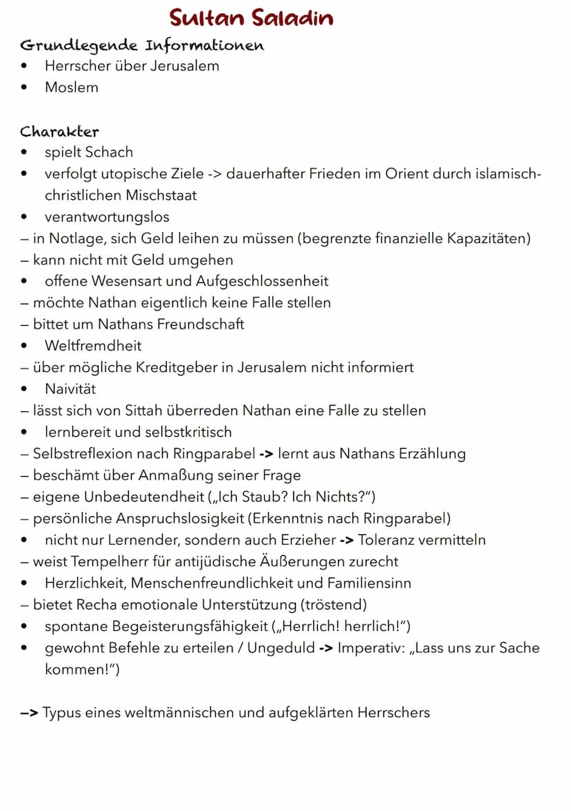 Nathan
Grundlegende Informationen
wichtigste Figur / Hauptfigur
trägt Beinamen ,,der Weise"
Charakter
weise
- Weisheit ist durch gewisses Ma