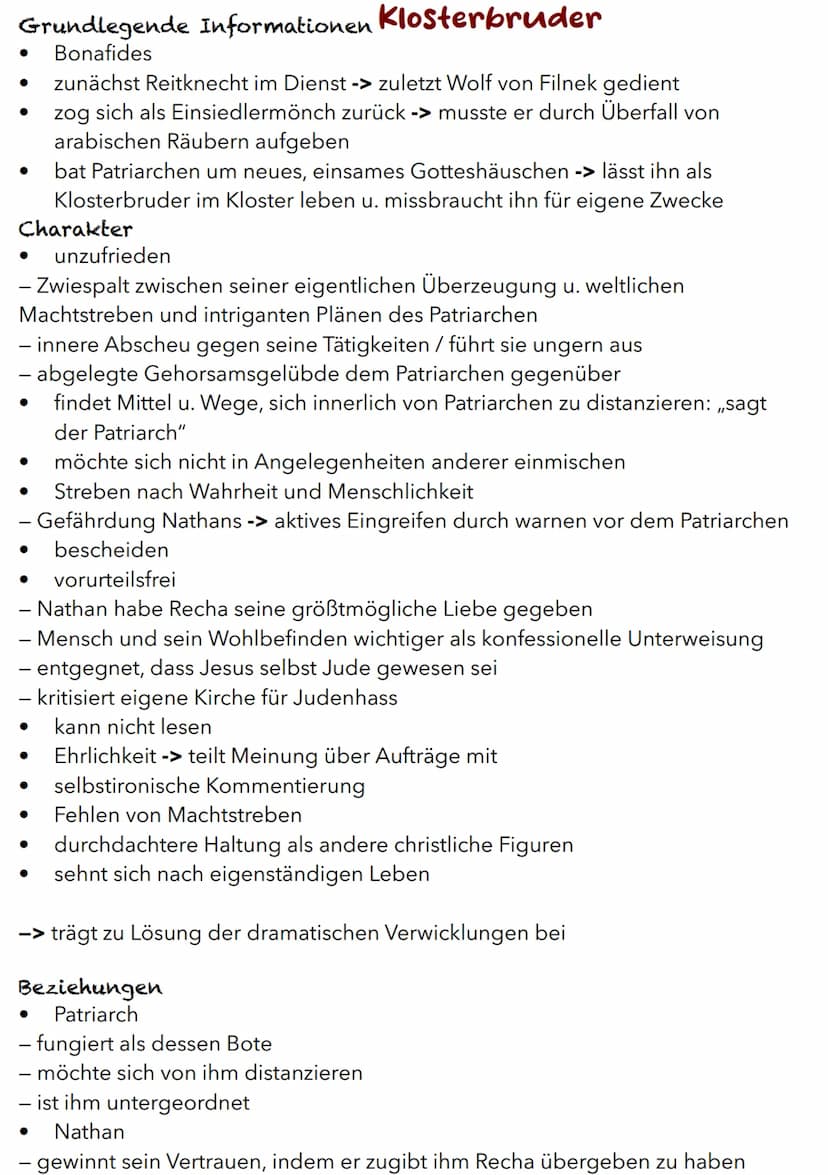 Nathan
Grundlegende Informationen
wichtigste Figur / Hauptfigur
trägt Beinamen ,,der Weise"
Charakter
weise
- Weisheit ist durch gewisses Ma