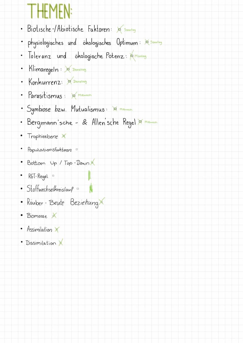 OKOLOGIE THEMEN:
Biotische-/Abiotische Faktoren: Sonntag
physiologisches und ökologisches Optimum Sonntag
Toleranz und ökologische Potenz: M