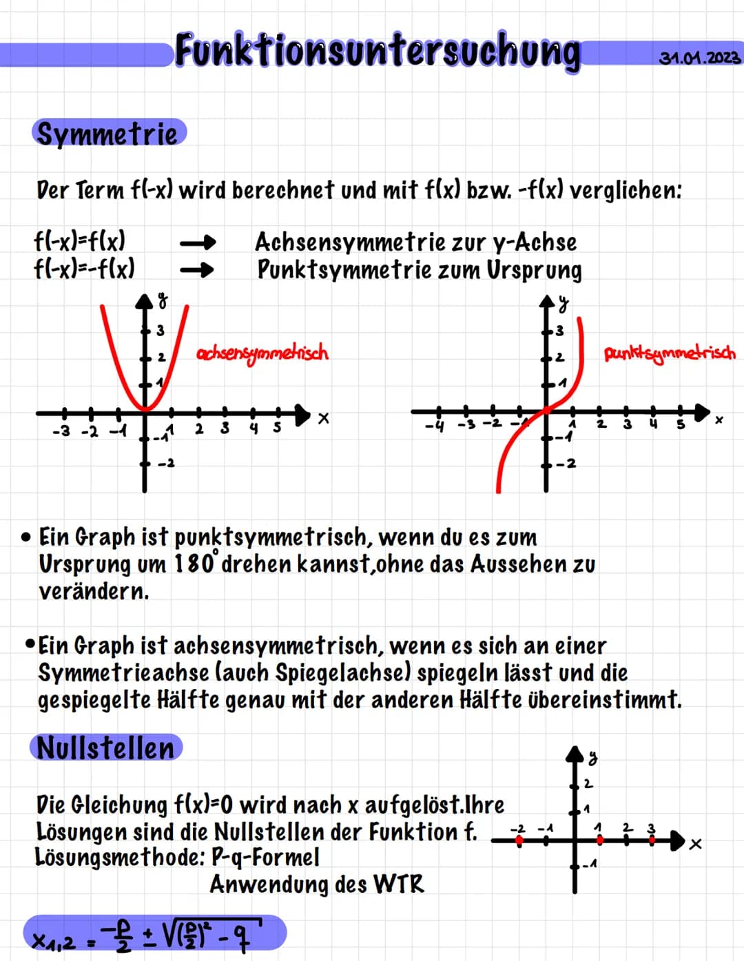 -3
Symmetrie
Der Term f(-x) wird berechnet und mit f(x) bzw. -f(x) verglichen:
f(-x)=f(x)
f(-x)=-f(x)
Achsensymmetrie zur y-Achse
Punktsymme