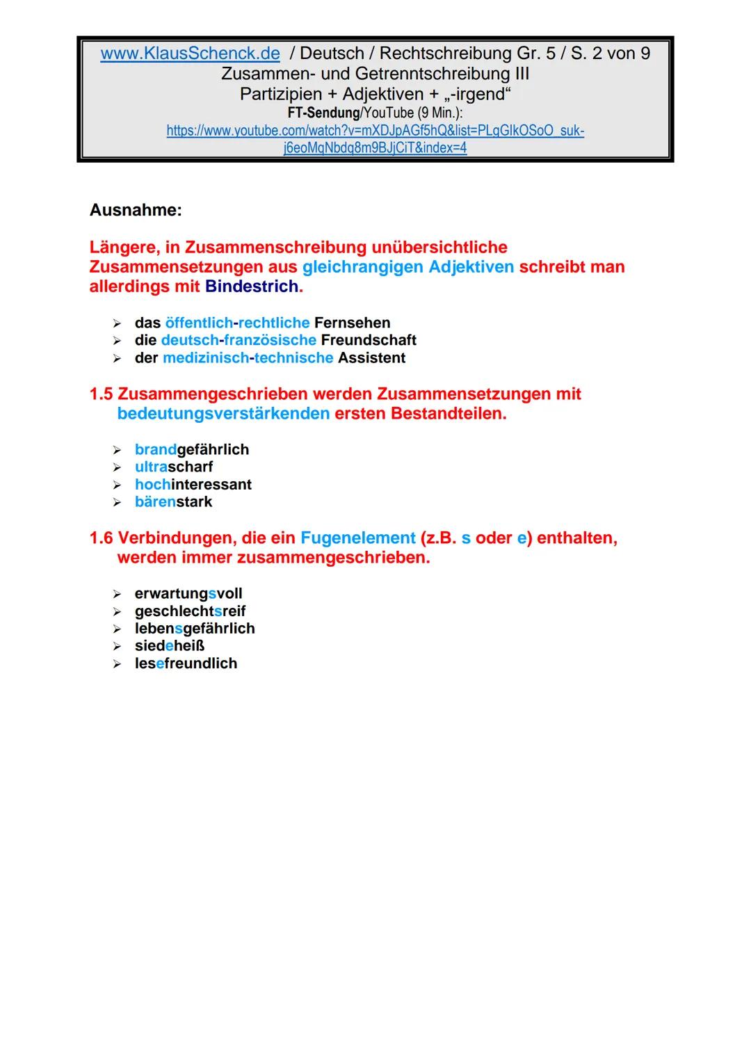 www.KlausSchenck.de / Deutsch (2008/09) / Rechtschreibung Gr. 1 / Regeln und Übungen / S. 1 von 11
s-Laute / Doppelungen / dass/das
FT-Sendu