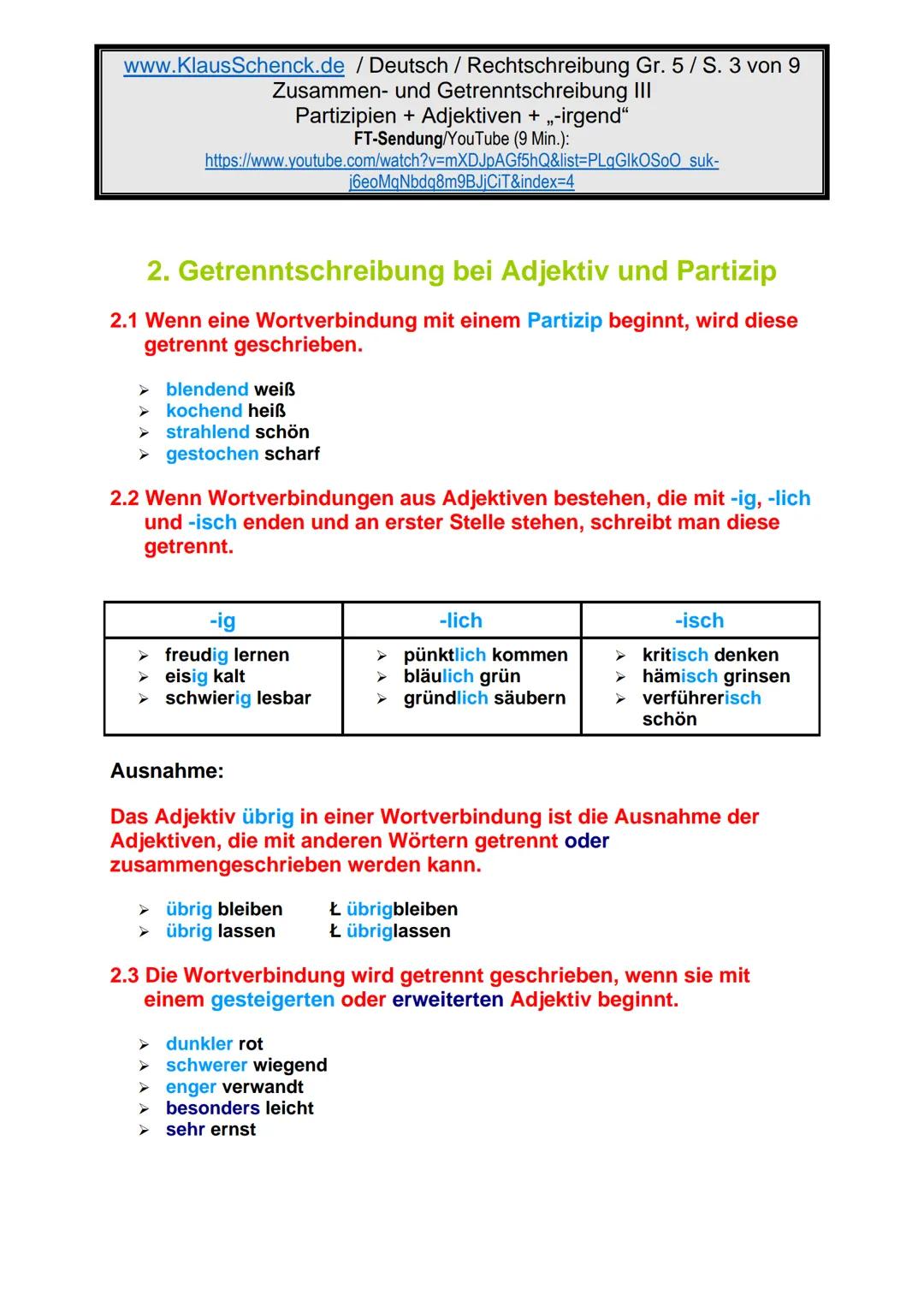 www.KlausSchenck.de / Deutsch (2008/09) / Rechtschreibung Gr. 1 / Regeln und Übungen / S. 1 von 11
s-Laute / Doppelungen / dass/das
FT-Sendu