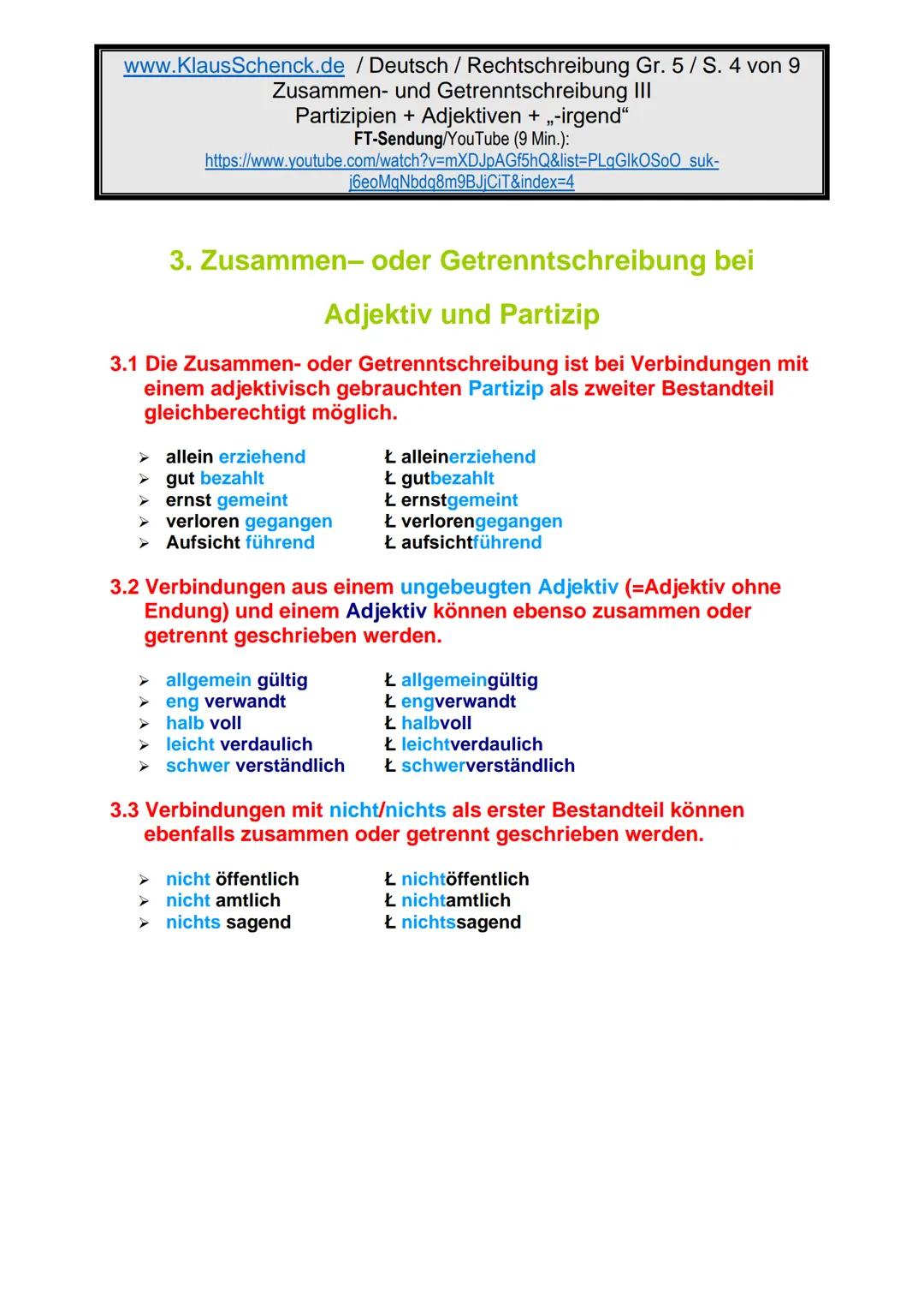 www.KlausSchenck.de / Deutsch (2008/09) / Rechtschreibung Gr. 1 / Regeln und Übungen / S. 1 von 11
s-Laute / Doppelungen / dass/das
FT-Sendu