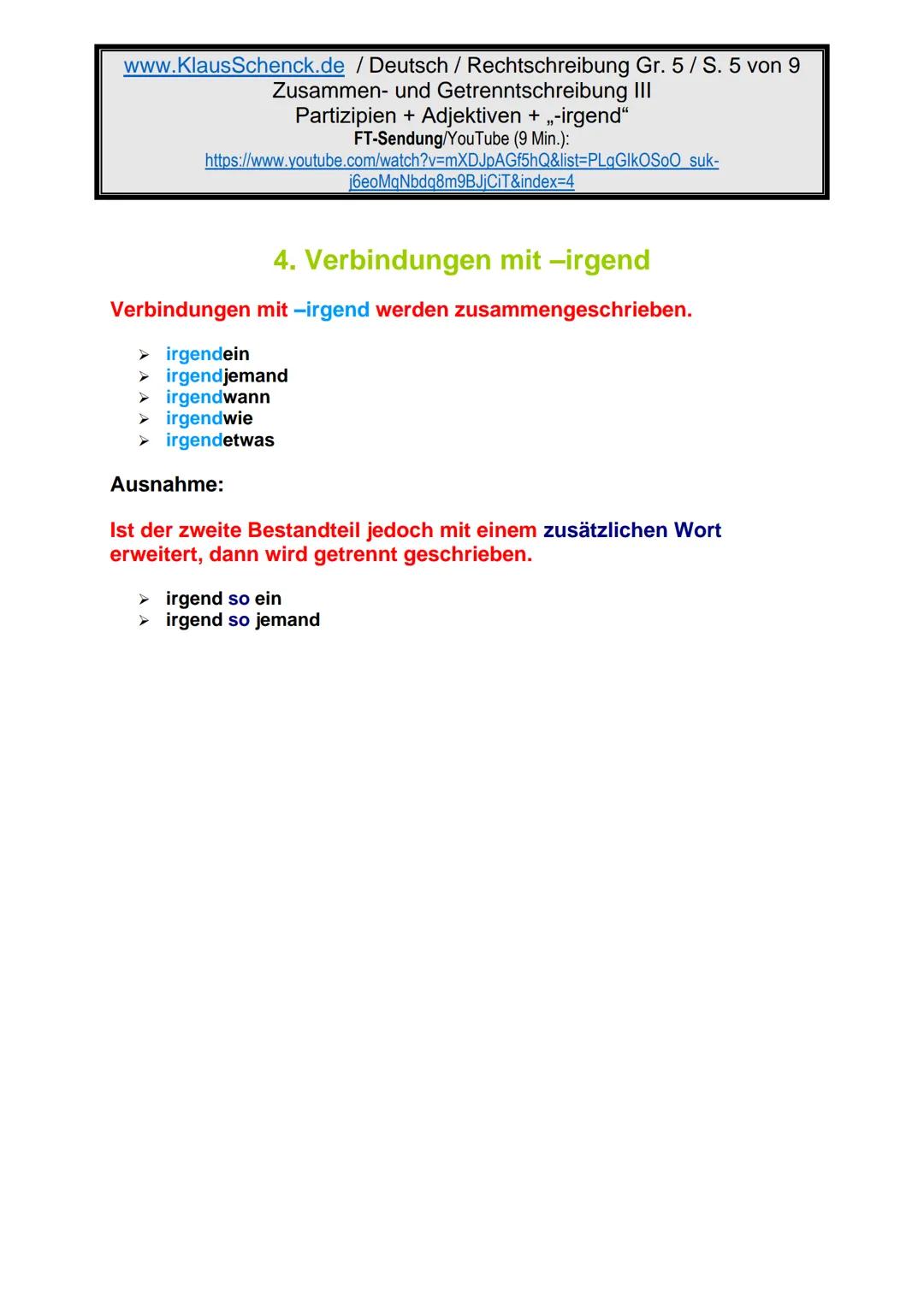 www.KlausSchenck.de / Deutsch (2008/09) / Rechtschreibung Gr. 1 / Regeln und Übungen / S. 1 von 11
s-Laute / Doppelungen / dass/das
FT-Sendu