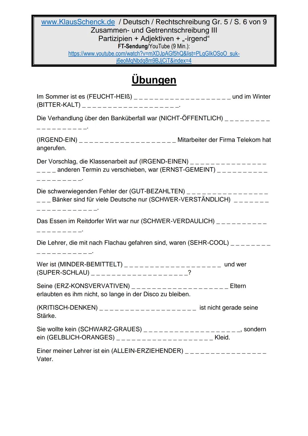 www.KlausSchenck.de / Deutsch (2008/09) / Rechtschreibung Gr. 1 / Regeln und Übungen / S. 1 von 11
s-Laute / Doppelungen / dass/das
FT-Sendu