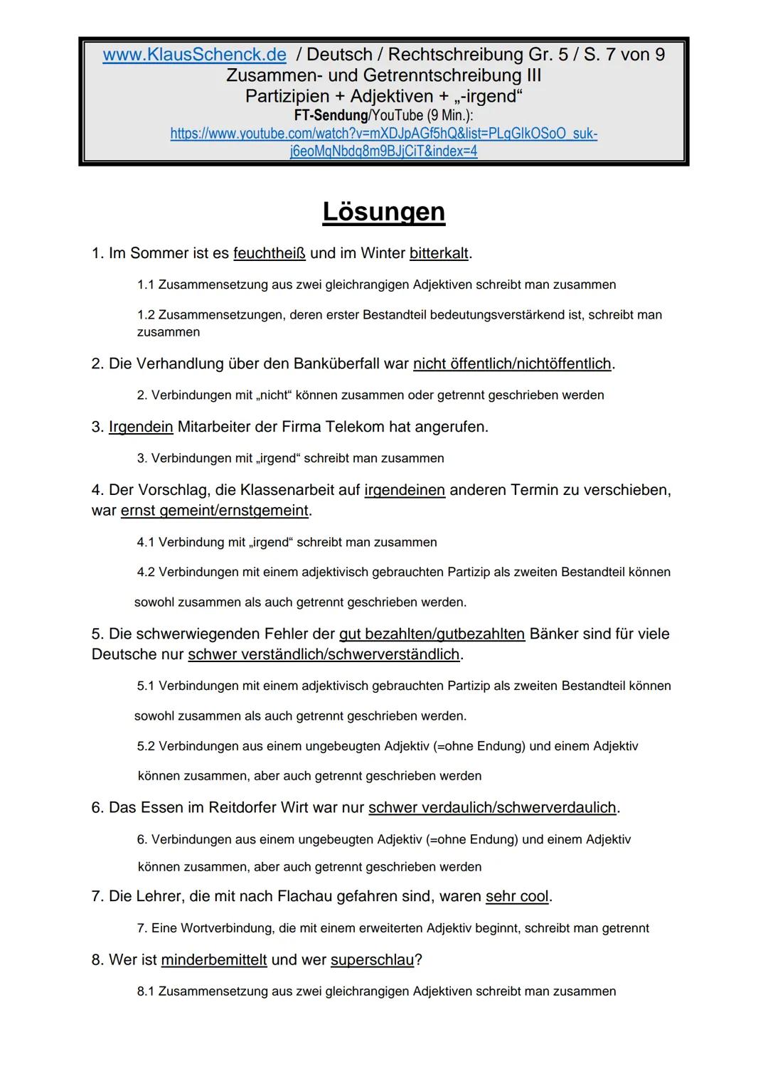 www.KlausSchenck.de / Deutsch (2008/09) / Rechtschreibung Gr. 1 / Regeln und Übungen / S. 1 von 11
s-Laute / Doppelungen / dass/das
FT-Sendu