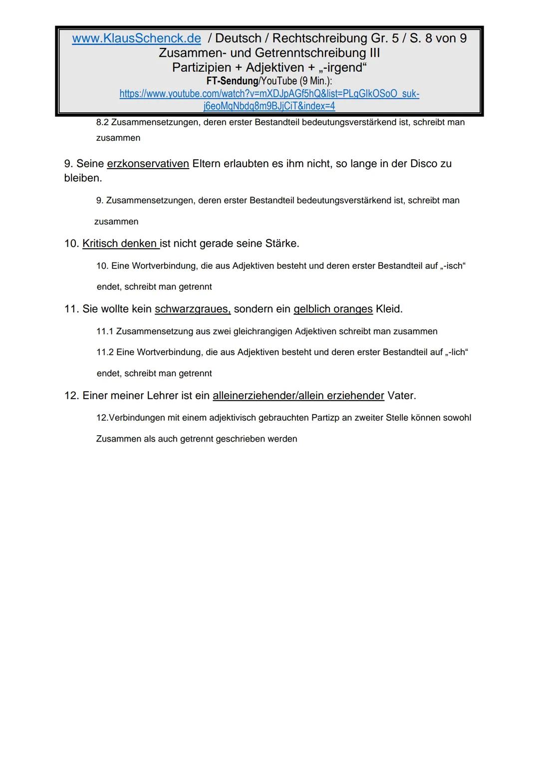 www.KlausSchenck.de / Deutsch (2008/09) / Rechtschreibung Gr. 1 / Regeln und Übungen / S. 1 von 11
s-Laute / Doppelungen / dass/das
FT-Sendu