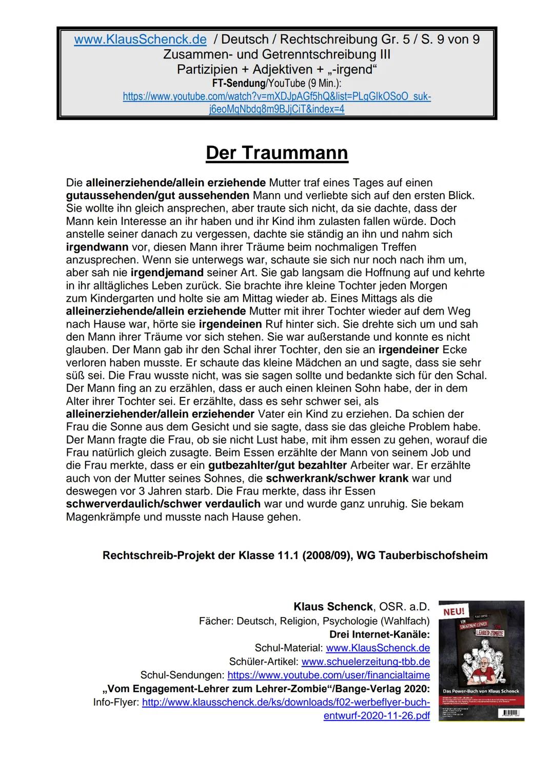 www.KlausSchenck.de / Deutsch (2008/09) / Rechtschreibung Gr. 1 / Regeln und Übungen / S. 1 von 11
s-Laute / Doppelungen / dass/das
FT-Sendu