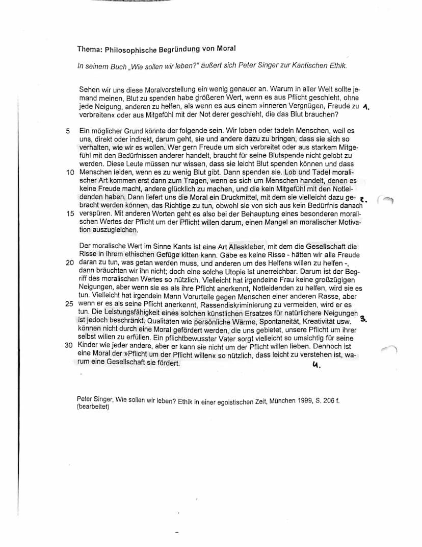 -J2 Ethik
Klausur 1: ,,Der moralische Imperativ bei Kant"
Aufgabe 1:
Stelle - unabhängig vom Text - den Pflichtbegriff bei Kant mit Hilfe ei