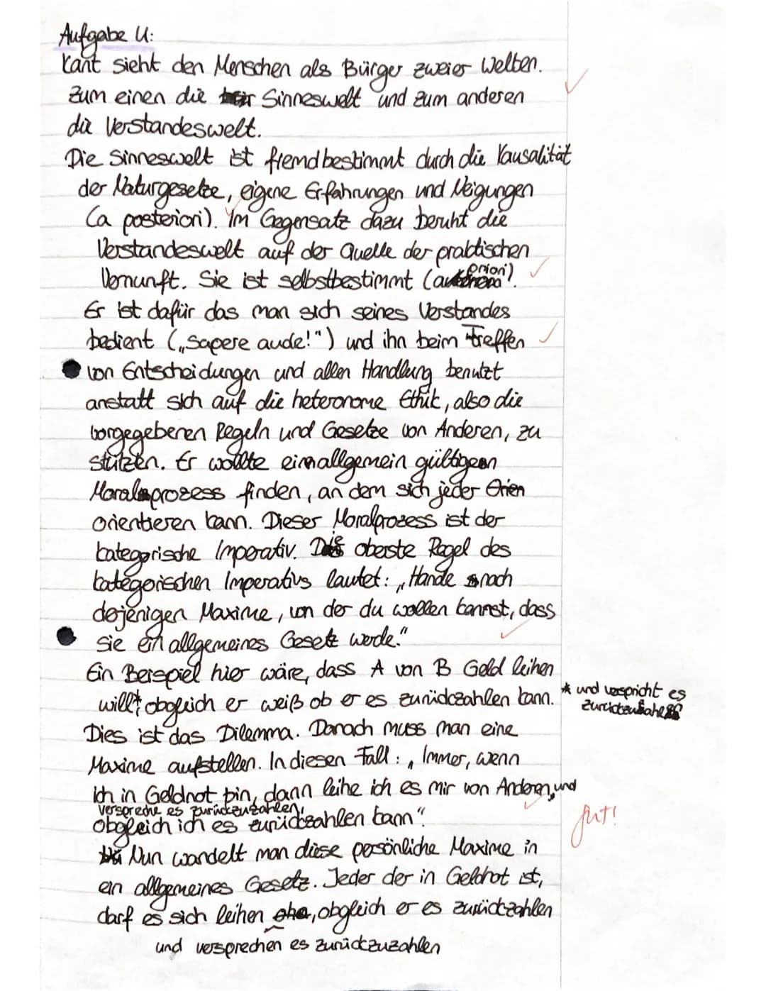 -J2 Ethik
Klausur 1: ,,Der moralische Imperativ bei Kant"
Aufgabe 1:
Stelle - unabhängig vom Text - den Pflichtbegriff bei Kant mit Hilfe ei