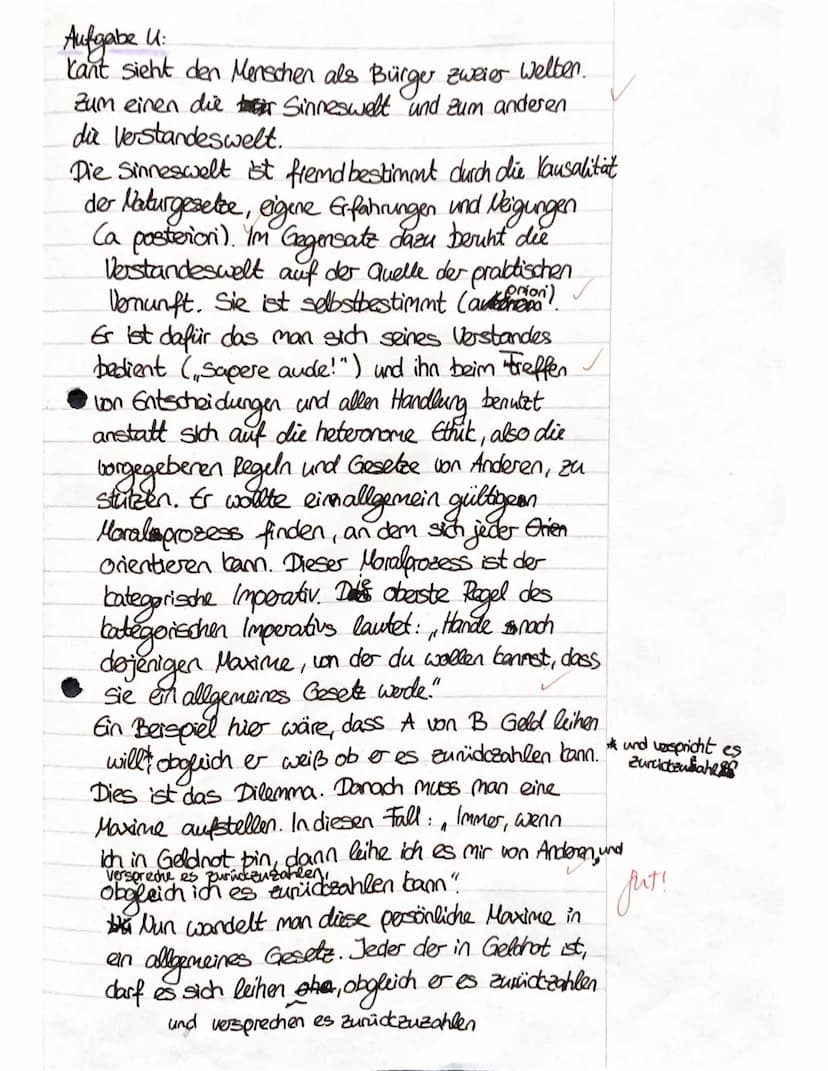-J2 Ethik
Klausur 1: ,,Der moralische Imperativ bei Kant"
Aufgabe 1:
Stelle - unabhängig vom Text - den Pflichtbegriff bei Kant mit Hilfe ei