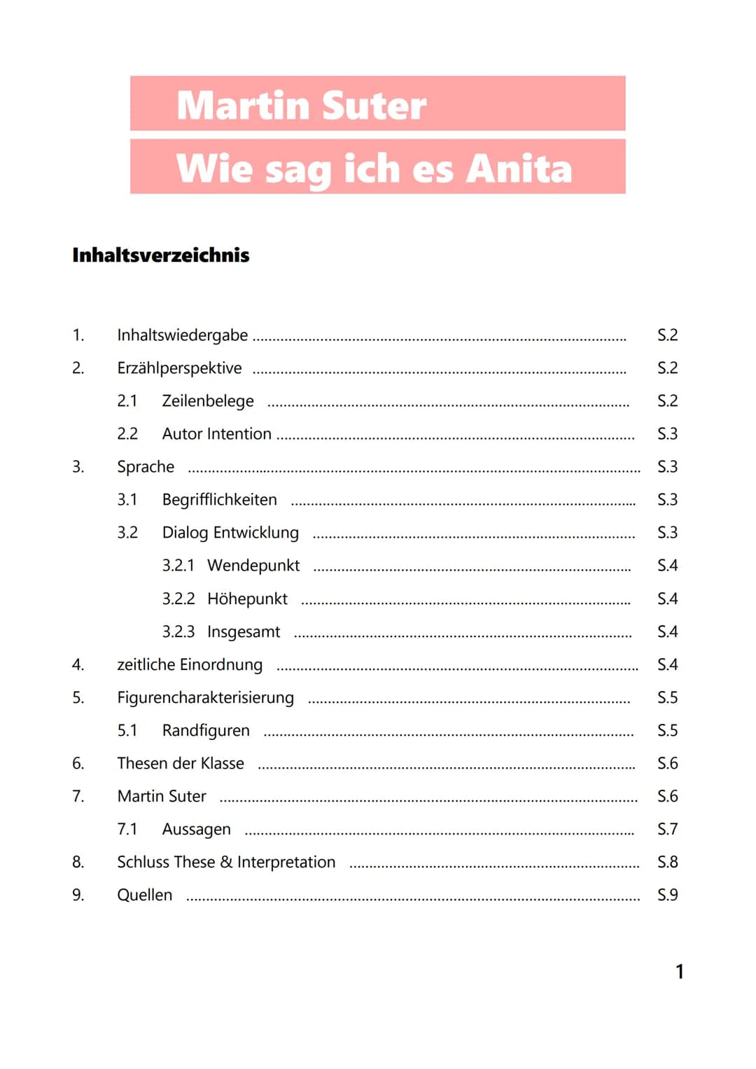 Inhaltsverzeichnis
1. Inhaltswiedergabe.
2.
Erzählperspektive
3.
4.
5.
Martin Suter
Wie sag ich es Anita
6.
7.
8.
9.
2.1 Zeilenbelege
2.2 Au