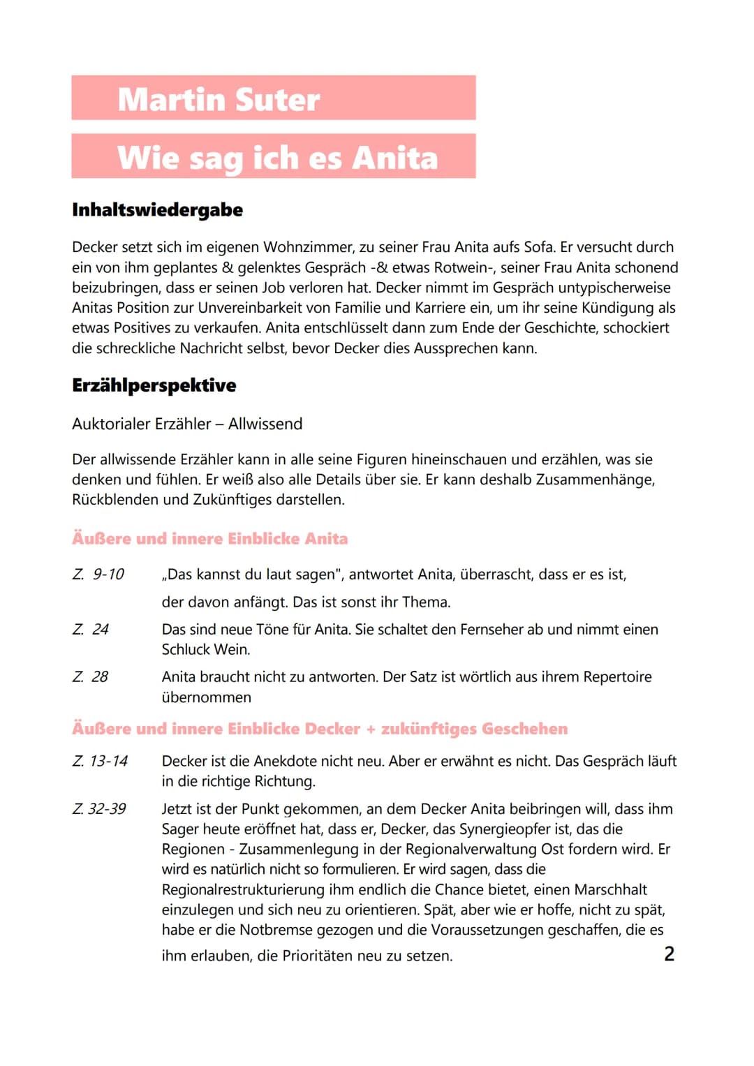 Inhaltsverzeichnis
1. Inhaltswiedergabe.
2.
Erzählperspektive
3.
4.
5.
Martin Suter
Wie sag ich es Anita
6.
7.
8.
9.
2.1 Zeilenbelege
2.2 Au