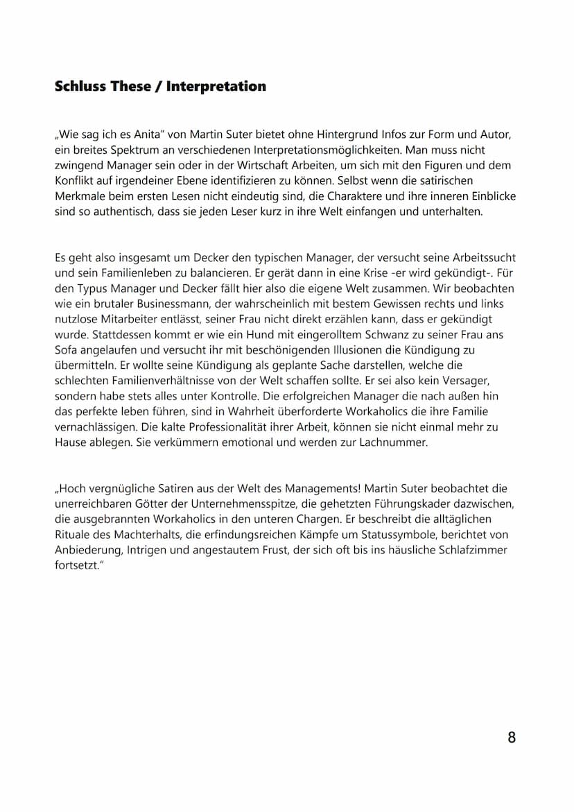Inhaltsverzeichnis
1. Inhaltswiedergabe.
2.
Erzählperspektive
3.
4.
5.
Martin Suter
Wie sag ich es Anita
6.
7.
8.
9.
2.1 Zeilenbelege
2.2 Au