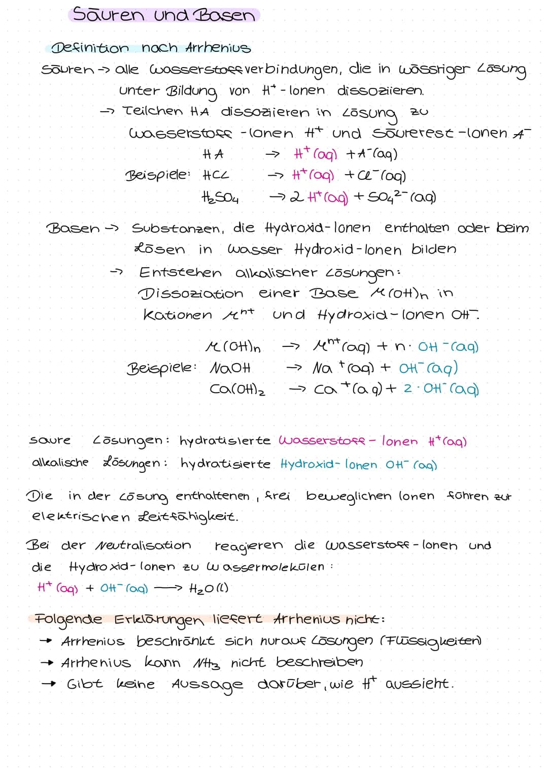 Sauren und Basen
Definition nach Arrhenius
Säuren → alle Wasserstoff verbindungen, die in wässriger Lösung.
unter Bildung von H*- lonen diss