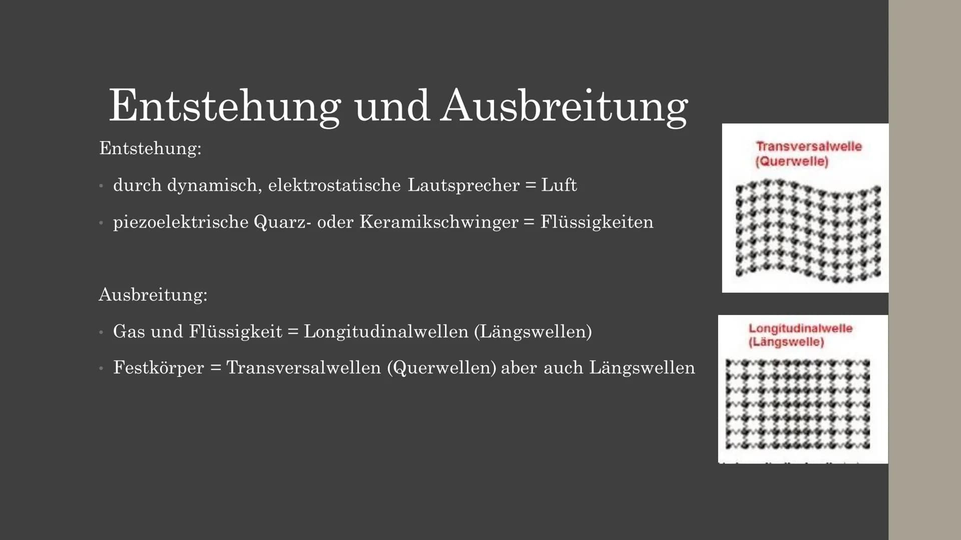 Ultraschall Gliederung
Allgemeine Grundlagen
Entstehung und Ausbreitung
Anwendung
1. in der Medizin
1.1 Diagnostische Anwendung
1.2 Therapeu