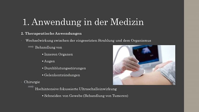 Ultraschall Gliederung
Allgemeine Grundlagen
Entstehung und Ausbreitung
Anwendung
1. in der Medizin
1.1 Diagnostische Anwendung
1.2 Therapeu