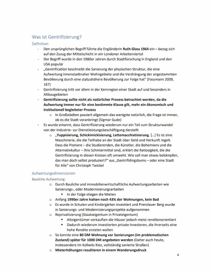 Gentrifizierung
Ausarbeitung
1 Inhalt
Was ist Gentrifizierung?..
Definition...
Aufwertungsdimensionen.
Bauliche Aufwertung:..
Soziale Aufwer