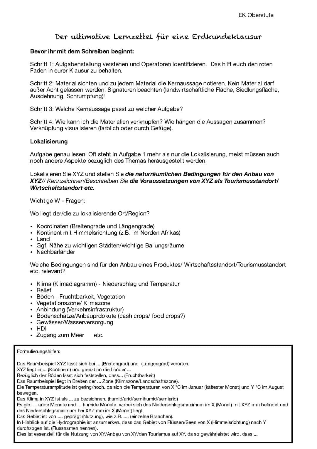 Lernzettel für jede Klausur 