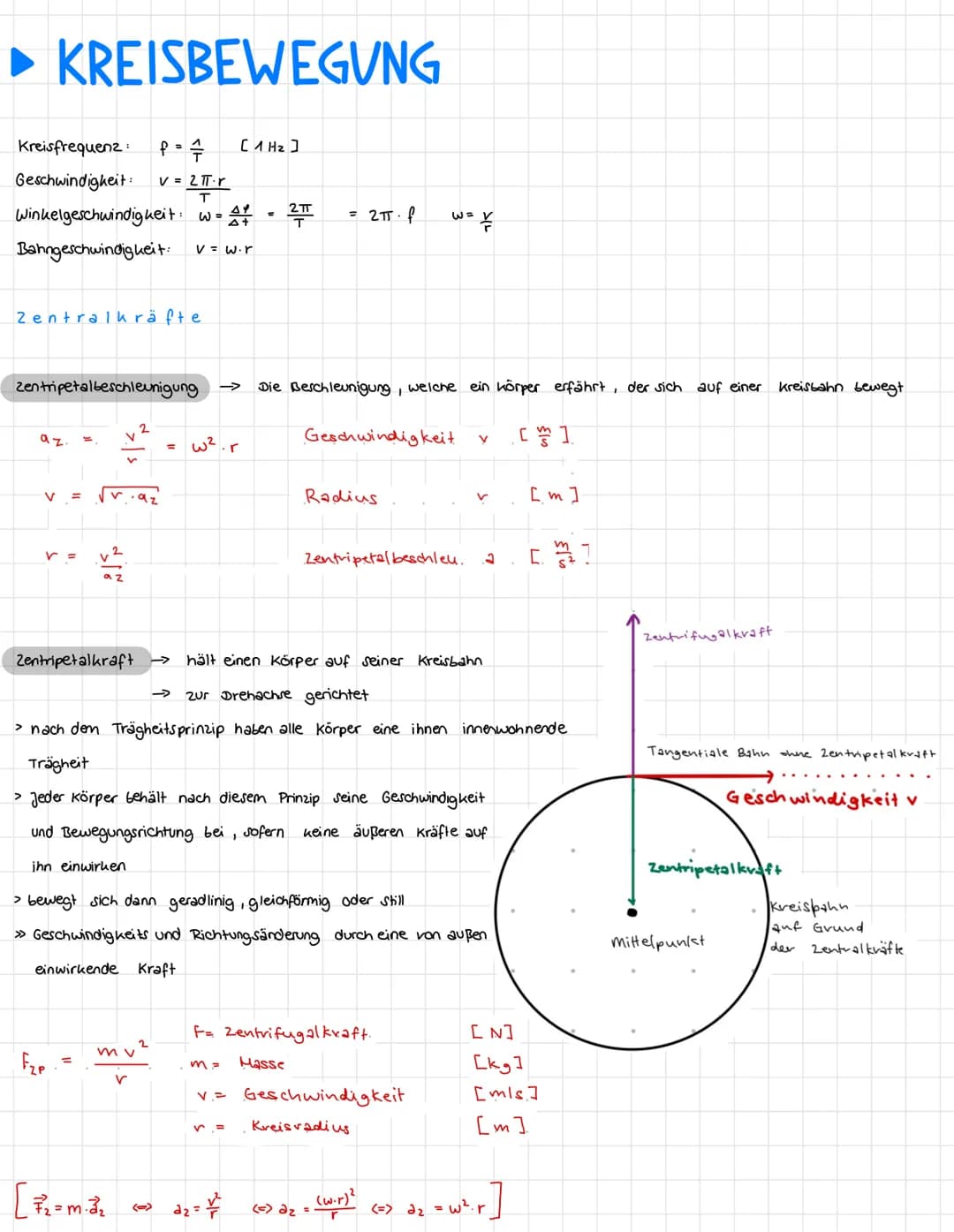 ► KREISBEWEGUNG
Kreisfrequenz:
f = =
Geschwindigkeit: v = 2πT.r
Winkelgeschwindigkeit:
Bahngeschwindigkeit: v=w.r
Zentralkräfte
zentripetalb