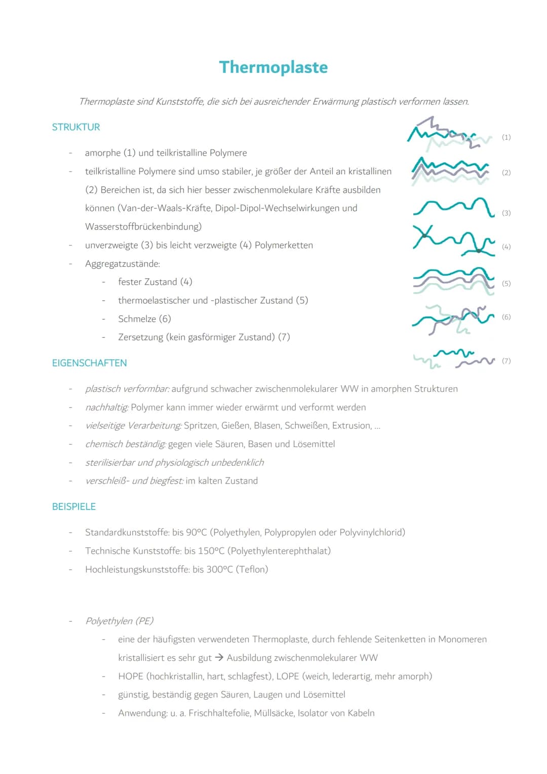 Thermoplaste sind Kunststoffe, die sich bei ausreichender Erwärmung plastisch verformen lassen.
STRUKTUR
amorphe (1) und teilkristalline Pol