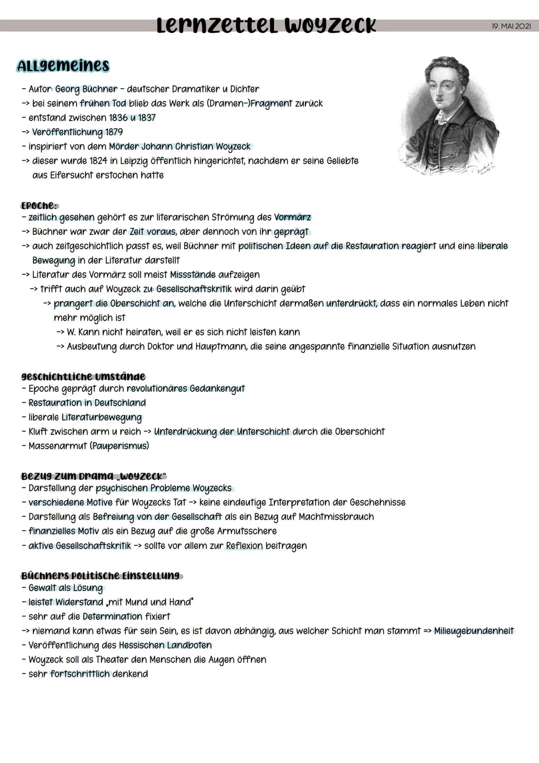 Lernzettel woyzeck
ALLgemeines
- Autor: Georg Büchner - deutscher Dramatiker u Dichter
-> bei seinem frühen Tod blieb das Werk als (Dramen-)