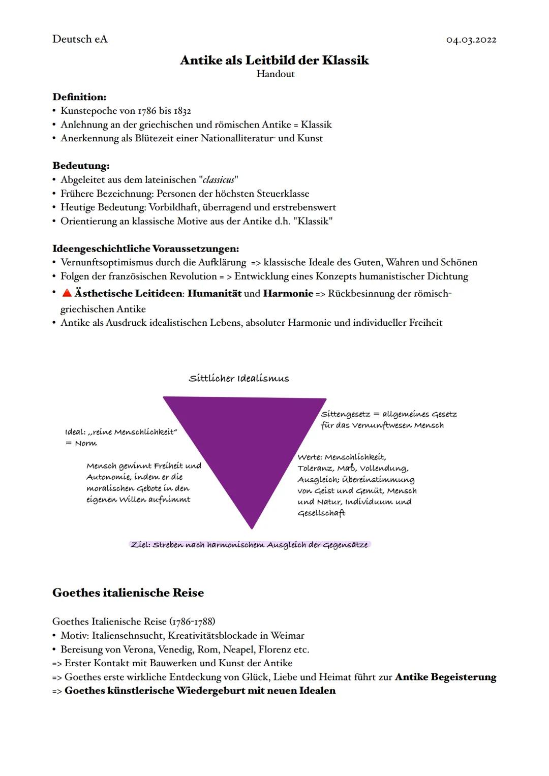 Deutsch eA
Definition:
Kunstepoche von 1786 bis 1832
• Anlehnung an der griechischen und römischen Antike = Klassik
• Anerkennung als Blütez