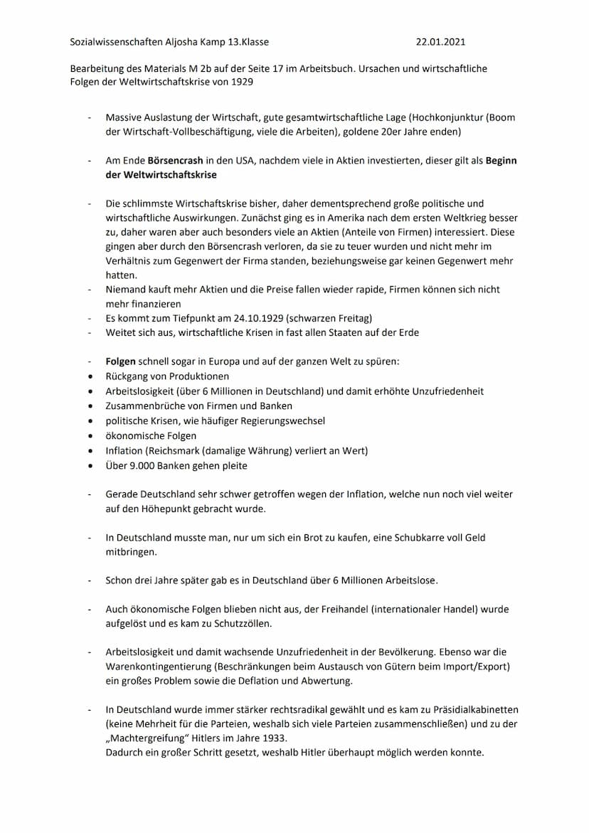 Sozialwissenschaften Aljosha Kamp 13.Klasse
Bearbeitung des Materials M 2b auf der Seite 17 im Arbeitsbuch. Ursachen und wirtschaftliche
Fol