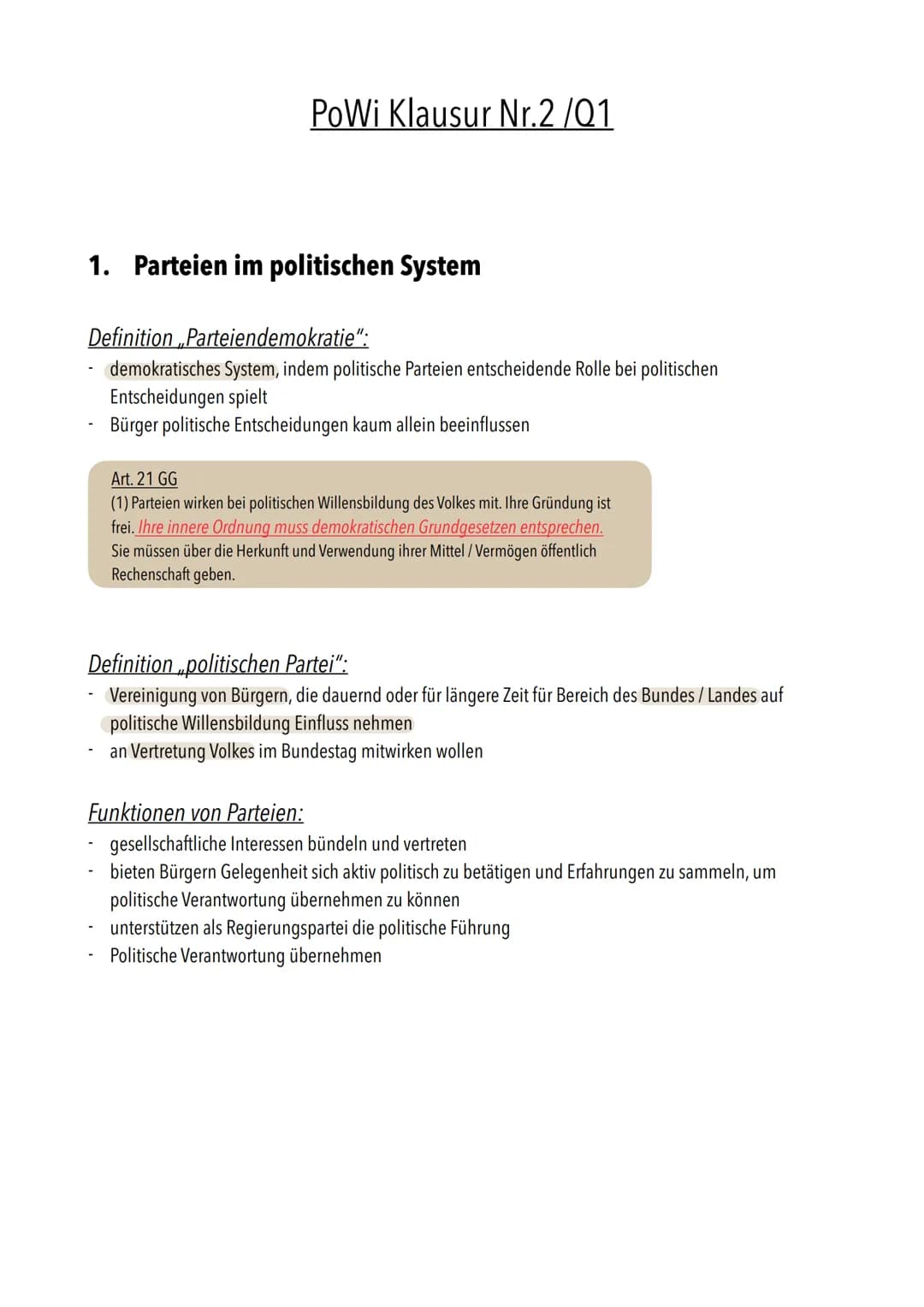 PoWi Klausur Nr.2/Q1
1. Parteien im politischen System
Definition Parteiendemokratie":
demokratisches System, indem politische Parteien ents