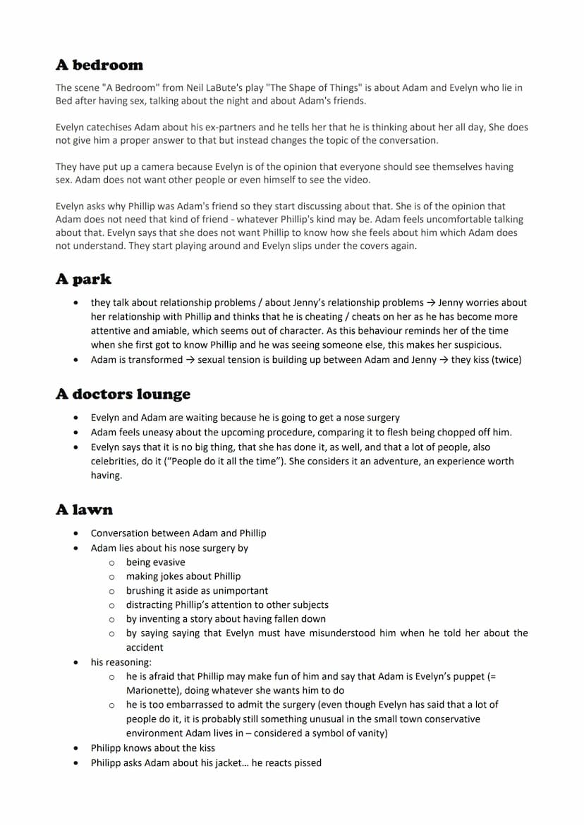 A museum
Plot
The shape of things
Evelyn and Adam meet in a museum because Evelyn oversteps the rope and Adam, the security guard, is
suppos