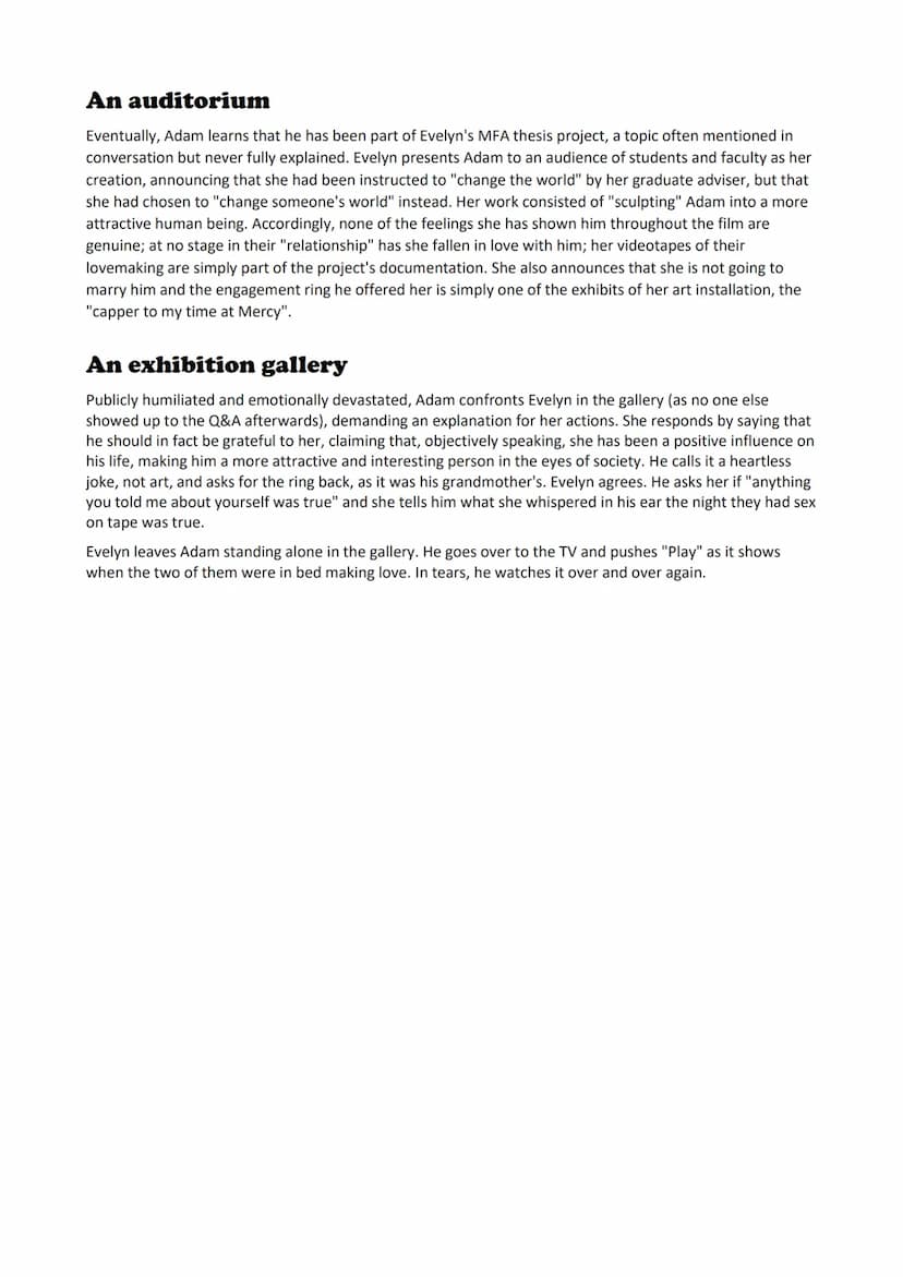 A museum
Plot
The shape of things
Evelyn and Adam meet in a museum because Evelyn oversteps the rope and Adam, the security guard, is
suppos