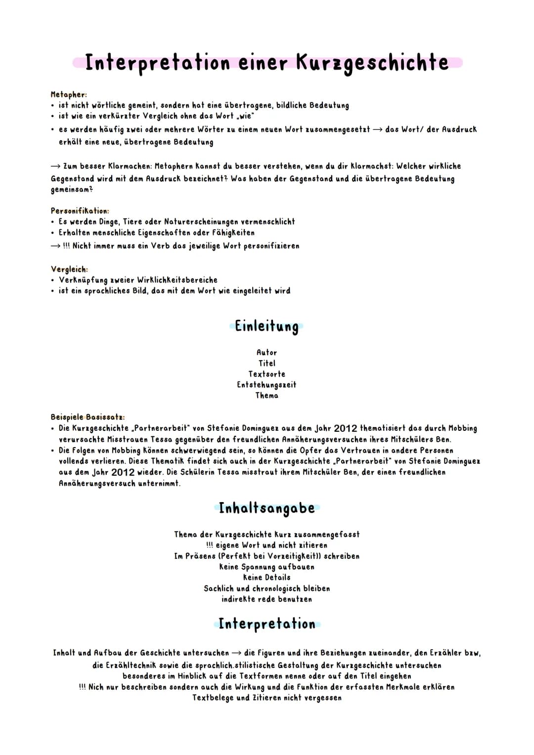 Interpretation einer Kurzgeschichte
Metapher:
• ist nicht wörtliche gemeint, sondern hat eine übertragene, bildliche Bedeutung
• ist wie ein