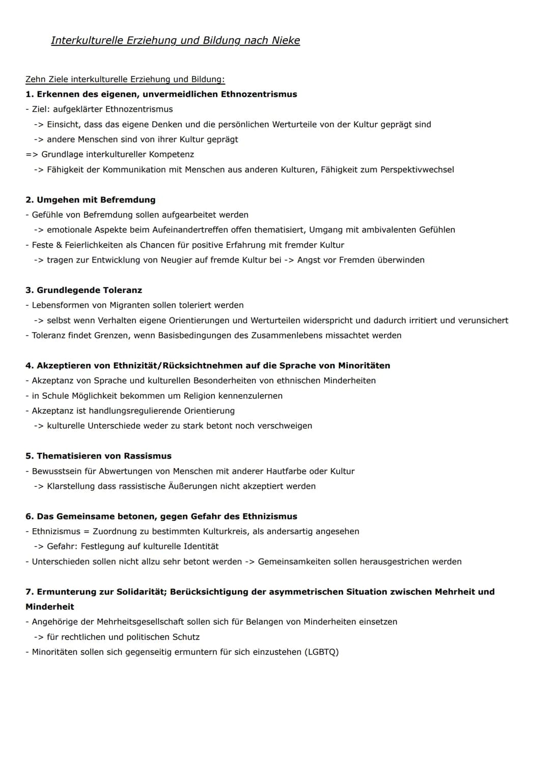 Interkulturelle Erziehung und Bildung nach Nieke
Zehn Ziele interkulturelle Erziehung und Bildung:
1. Erkennen des eigenen, unvermeidlichen 