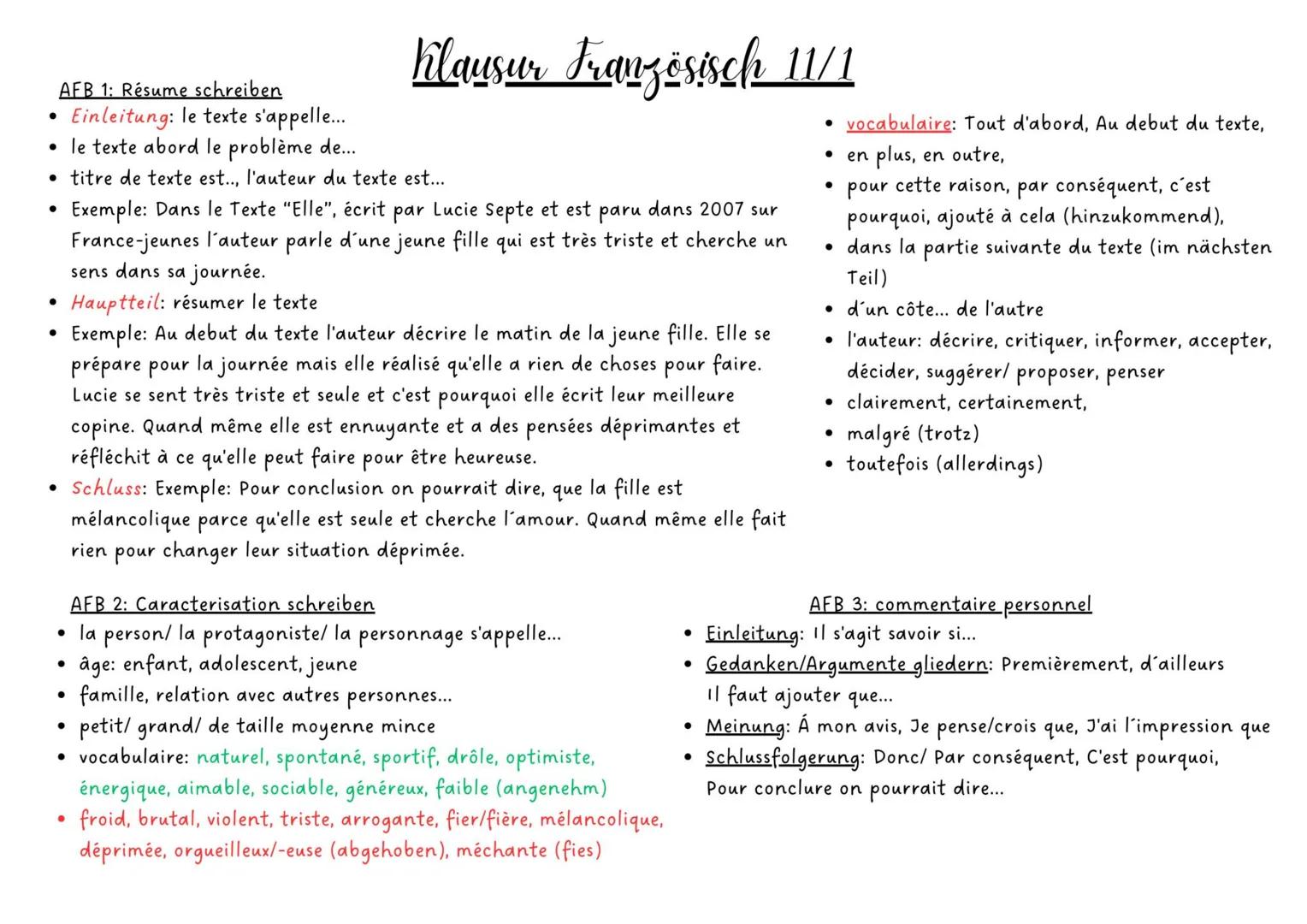 •
AFB 1: Résume schreiben
Einleitung: le texte s'appelle...
• le texte abord le problème de...
Klausur Französisch 11/1
• titre de texte est