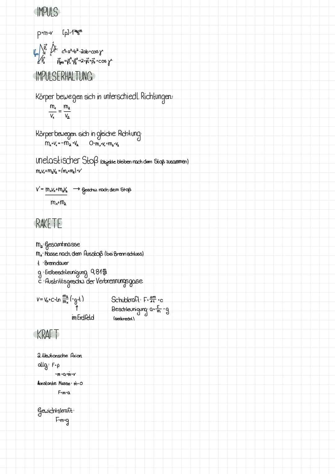 IMPULS
p=m-v [p].1km
Ca²+b²-20b-case
Ne s
V/₁₂² P₁-P₁²¹P₁²-2-P² P₁ *cos y
IMPULSERHALTUNG
Körper bewegen sich in unterschiedl. Richtungen:
m