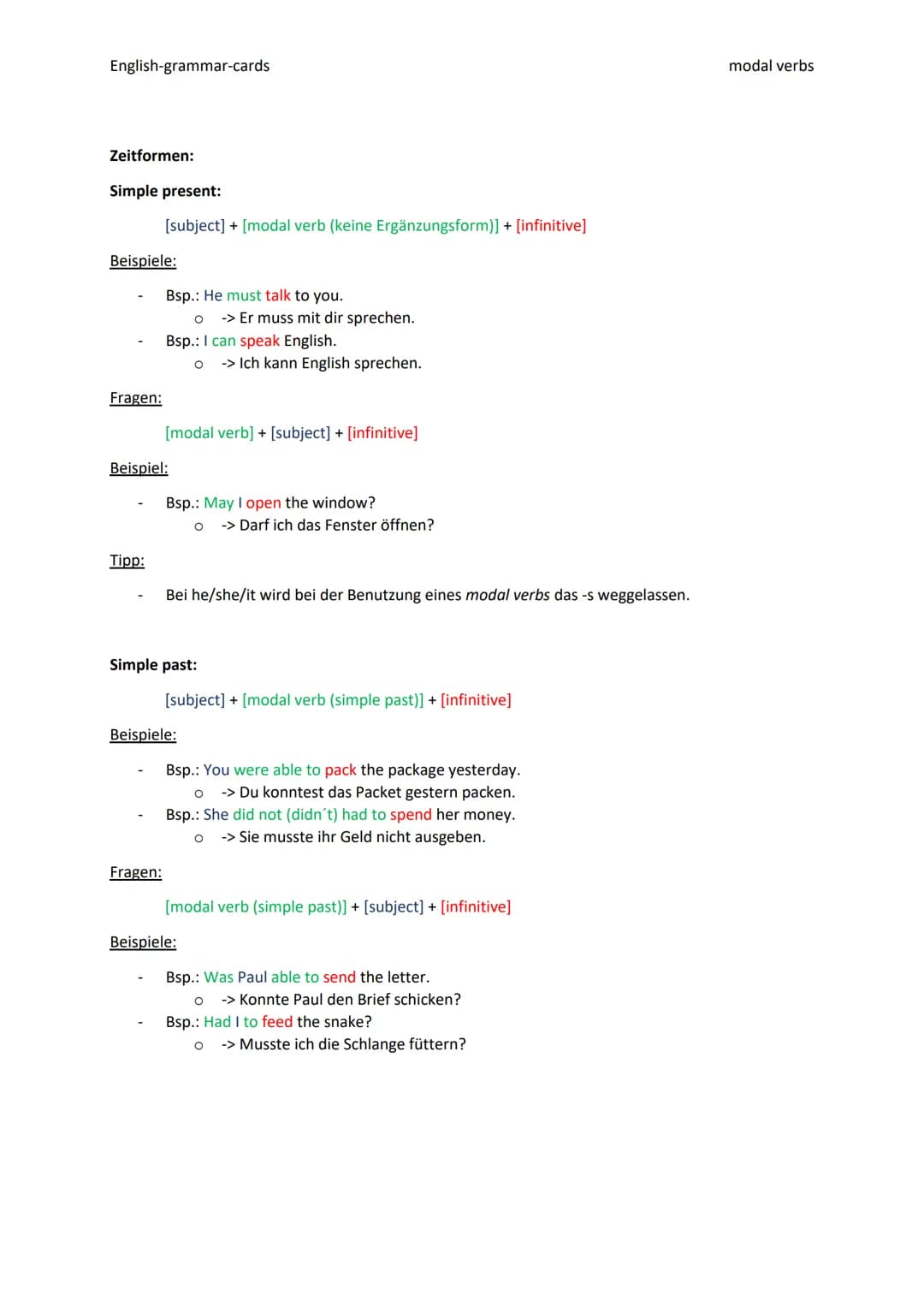 English-grammar-cards
2.2 modal verbs
Was?
Die Modalverben oder auch Hilfsverben genannt sind Verben, die Notwendigkeiten, Fähigkeiten oder
